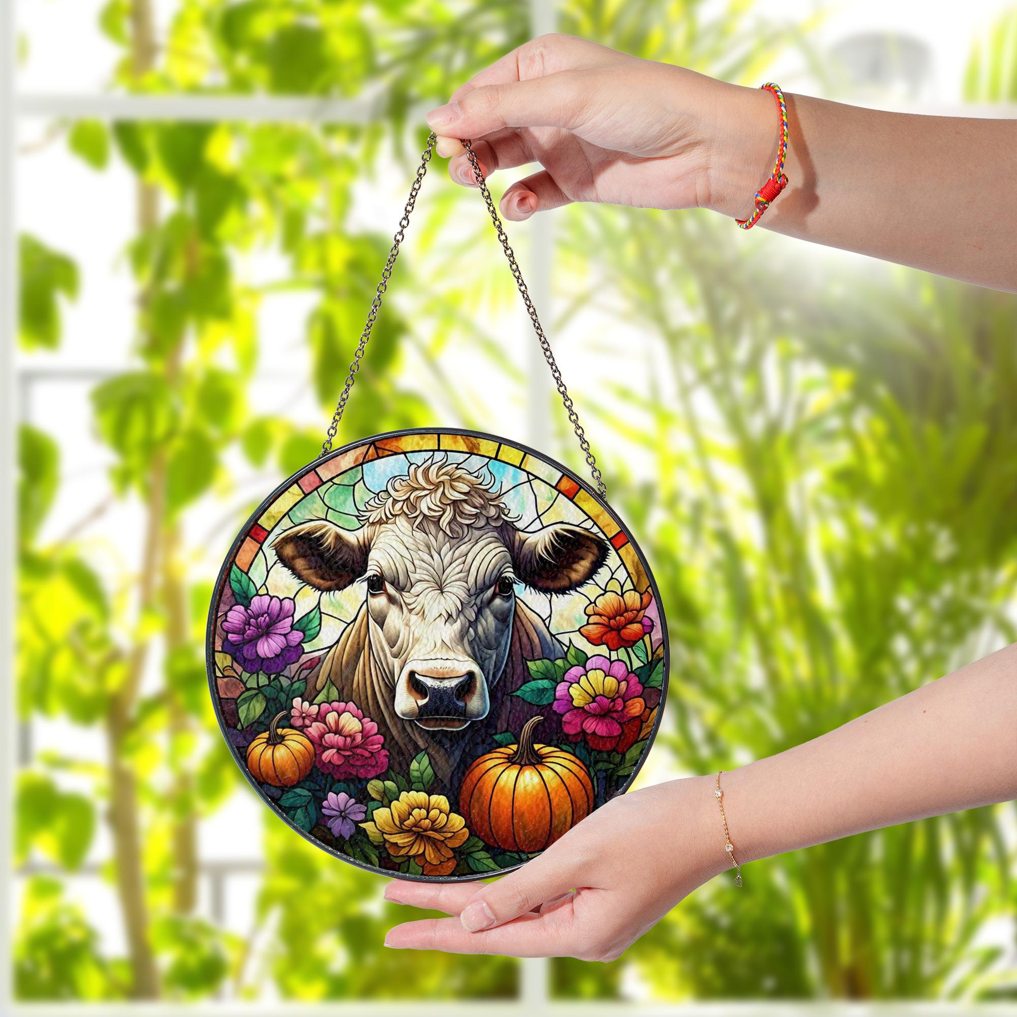 Autumn Cow Glass Suncatcher – Farmhouse Fall Window Hanging with Pumpkins & Flowers, Rustic Country Decor for Autumn Season