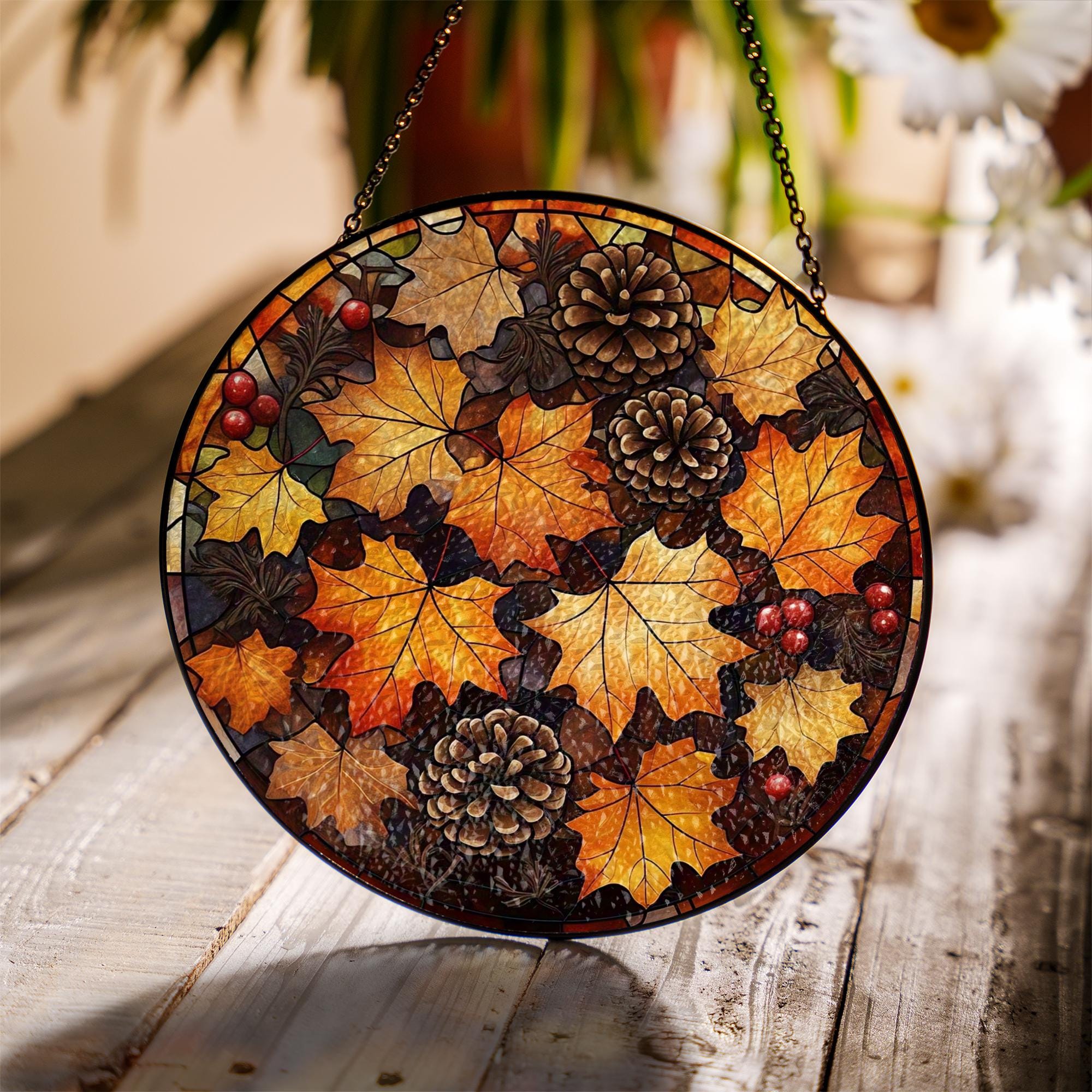 Autumn Leaves Glass Suncatcher – Fall Pinecone Window Hanging, Rustic Seasonal Decor for Thanksgiving or Cozy Autumn Home Accent