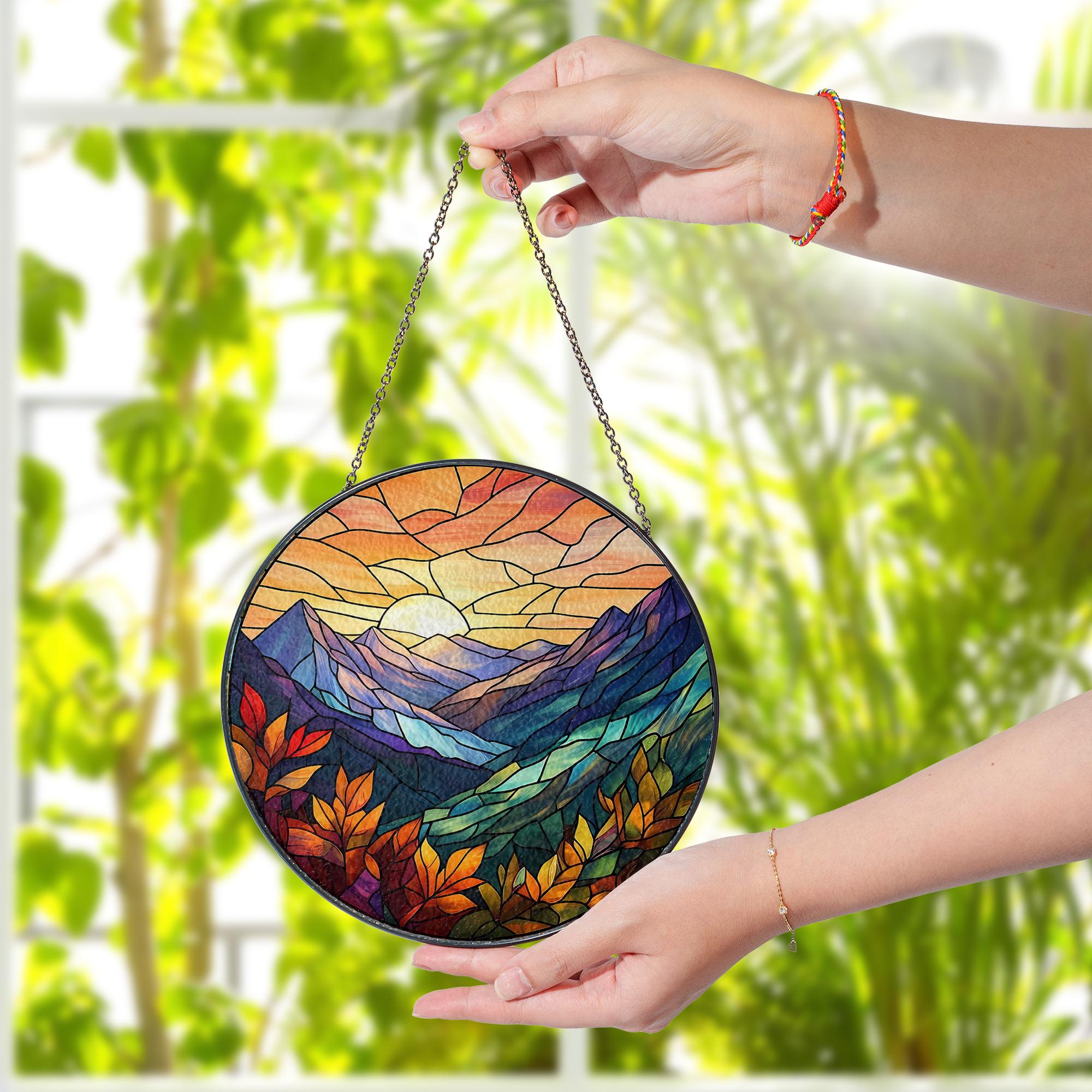 Mountain Sunset Glass Suncatcher – Autumn Landscape Window Hanging, Fall Foliage Decor, Glass Suncatcher Nature Sun Catcher Gift