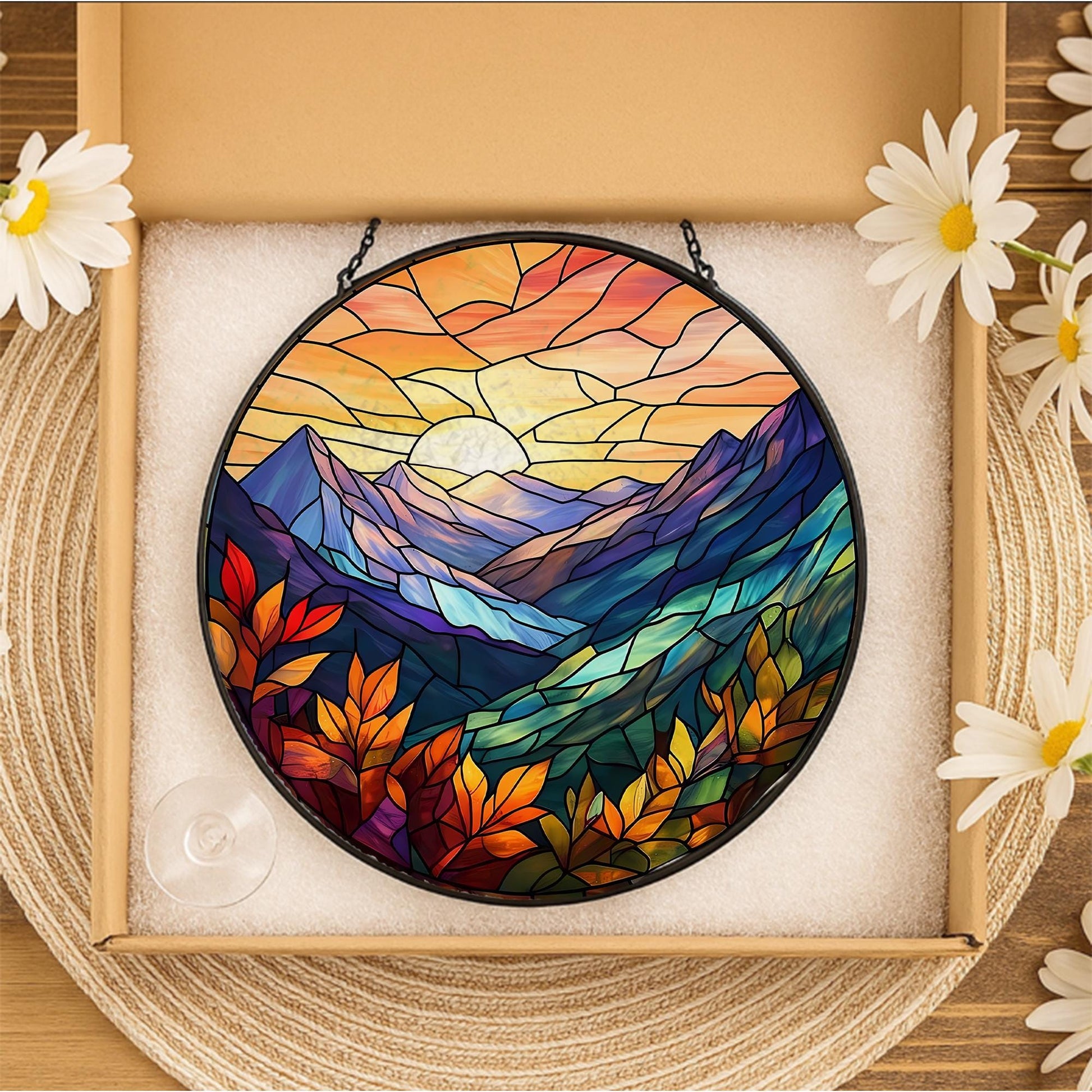 Mountain Sunset Glass Suncatcher – Autumn Landscape Window Hanging, Fall Foliage Decor, Glass Suncatcher Nature Sun Catcher Gift