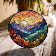 Mountain Sunset Glass Suncatcher – Autumn Landscape Window Hanging, Fall Foliage Decor, Glass Suncatcher Nature Sun Catcher Gift