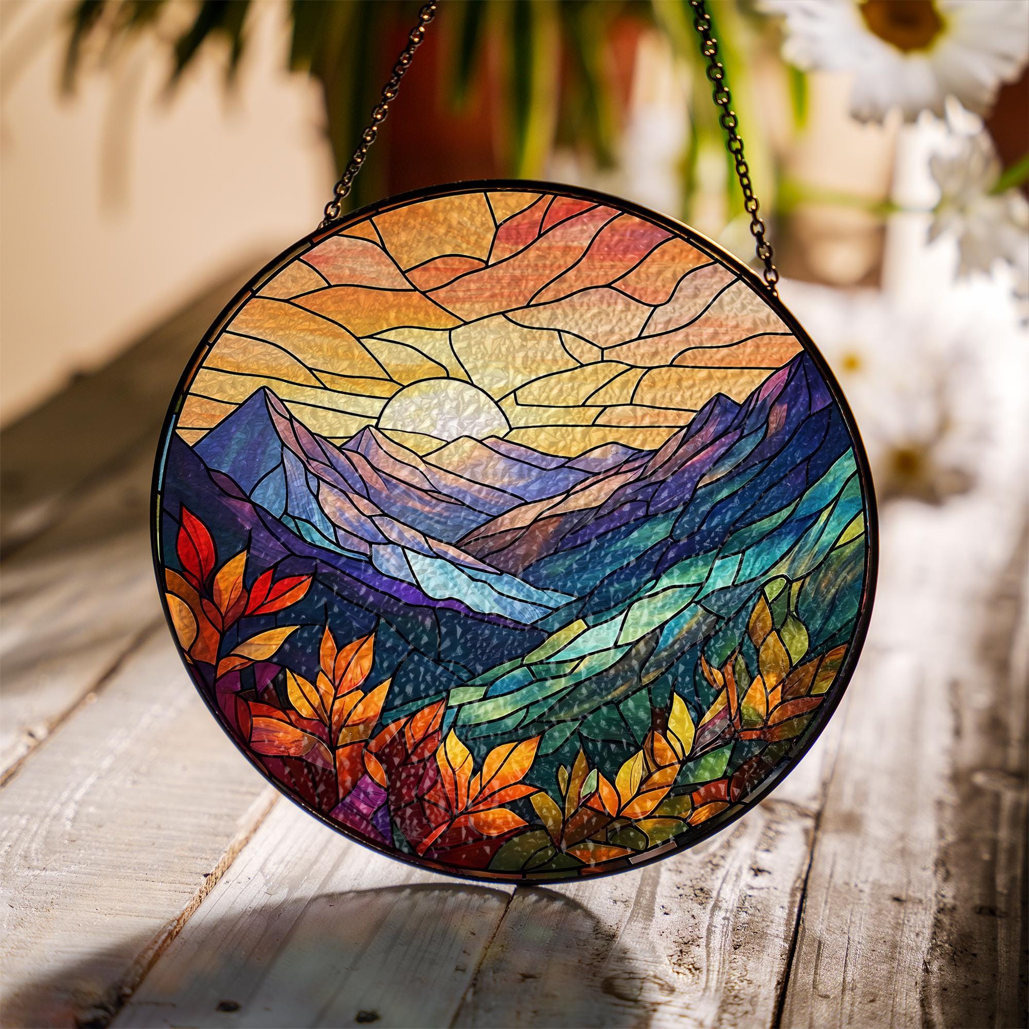 Mountain Sunset Glass Suncatcher – Autumn Landscape Window Hanging, Fall Foliage Decor, Glass Suncatcher Nature Sun Catcher Gift