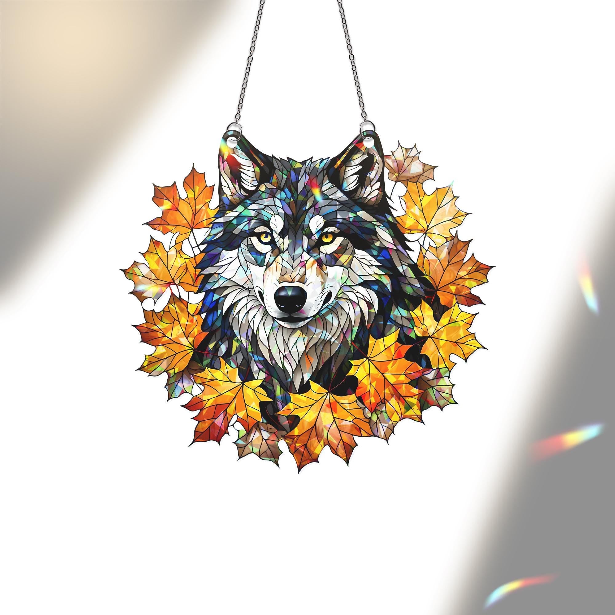 Wolf Acrylic Window Hanging – Autumn Leaves Suncatcher, Fall Animal Decor, Rustic Wildlife Window Art, Woodland Cabin Home Decoration