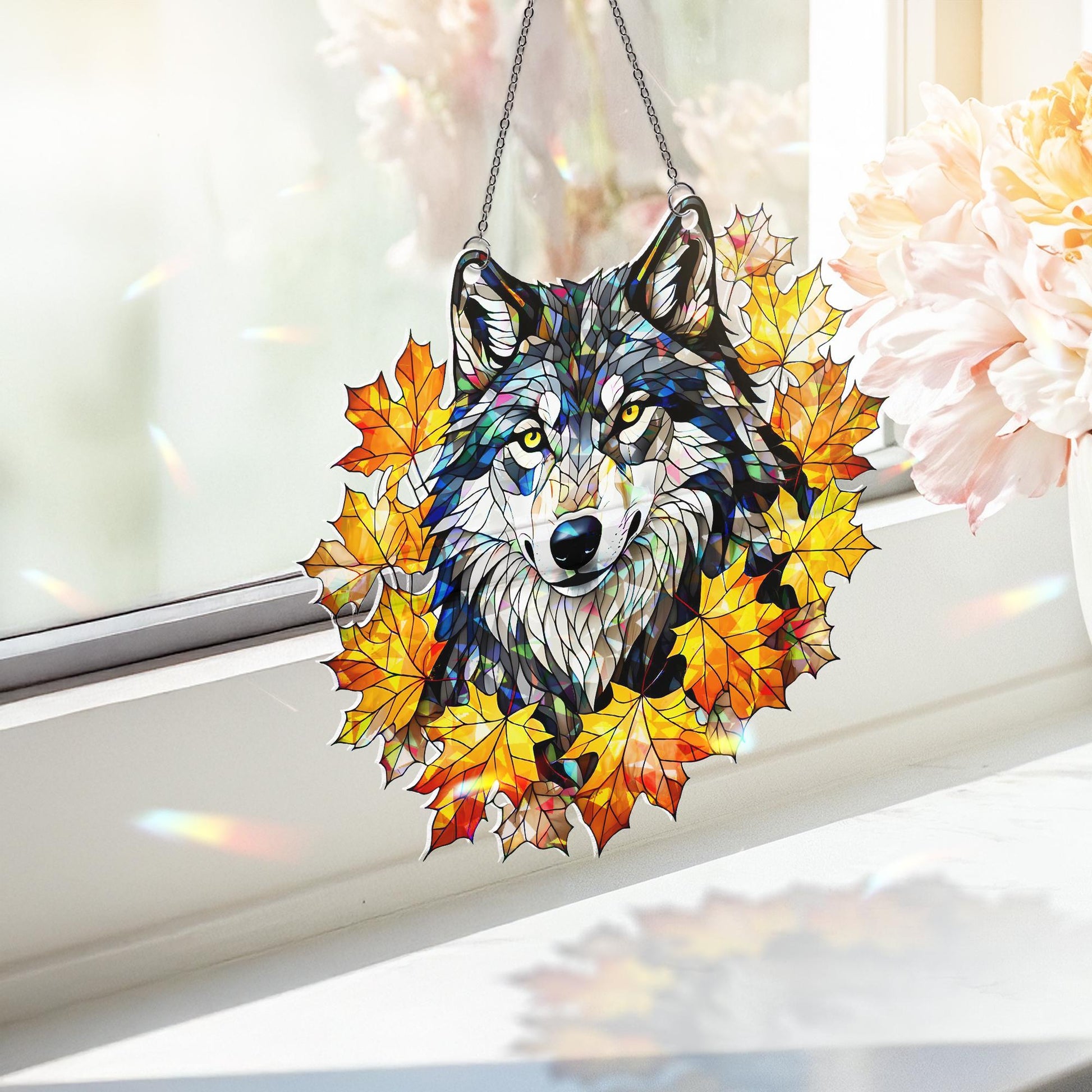 Wolf Acrylic Window Hanging – Autumn Leaves Suncatcher, Fall Animal Decor, Rustic Wildlife Window Art, Woodland Cabin Home Decoration
