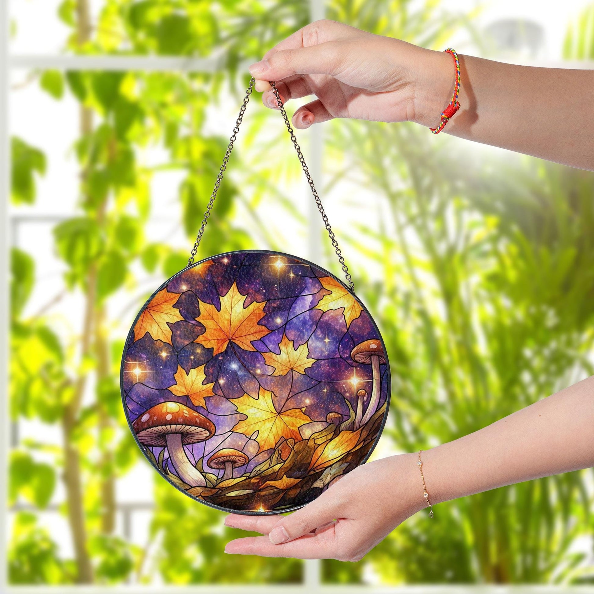 Autumn Galaxy Mushroom Glass Suncatcher – Fall Leaf Window Hanging, Glass Suncatcher Forest Decor, Cosmic Cottagecore Gift for Nature Lovers