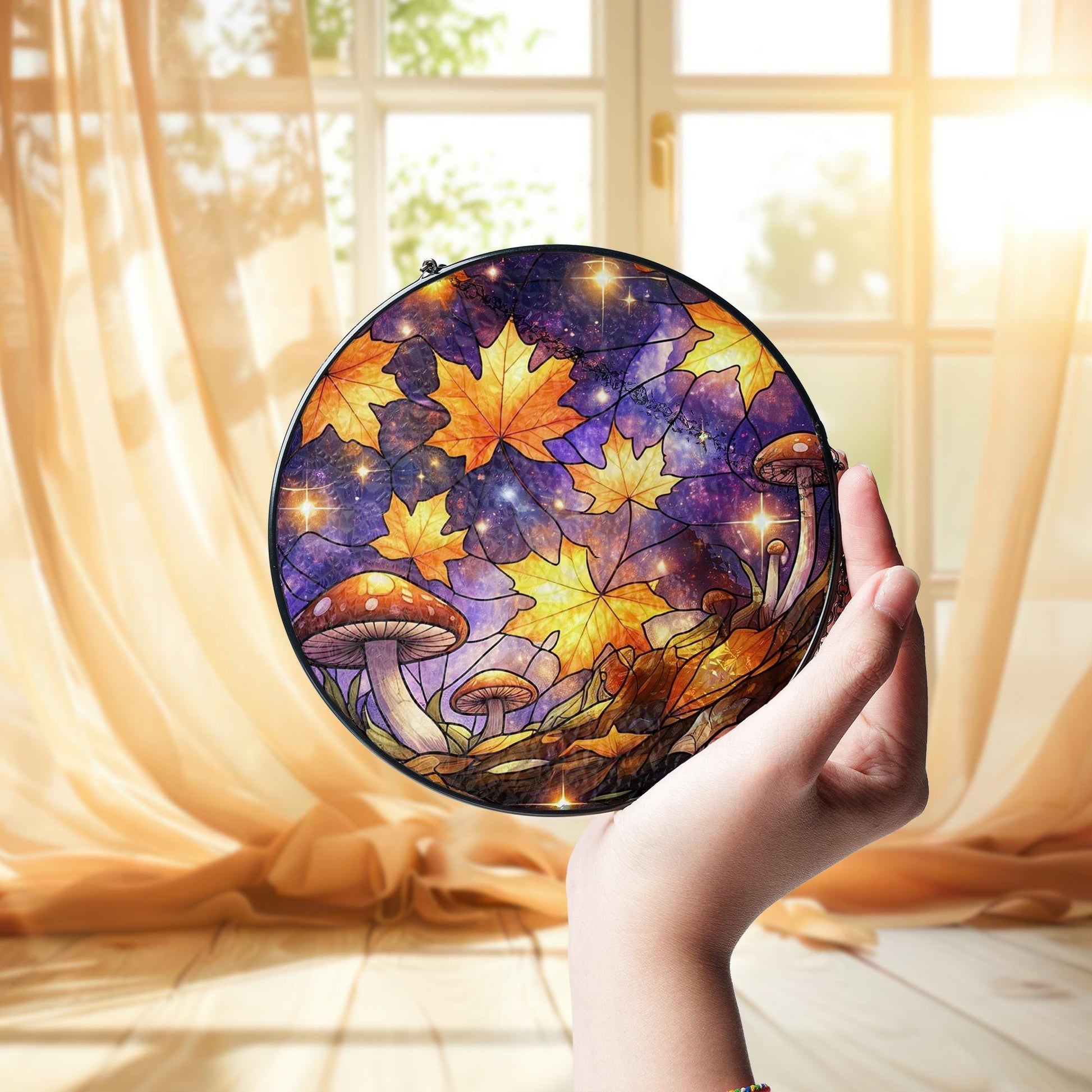 Autumn Galaxy Mushroom Glass Suncatcher – Fall Leaf Window Hanging, Glass Suncatcher Forest Decor, Cosmic Cottagecore Gift for Nature Lovers