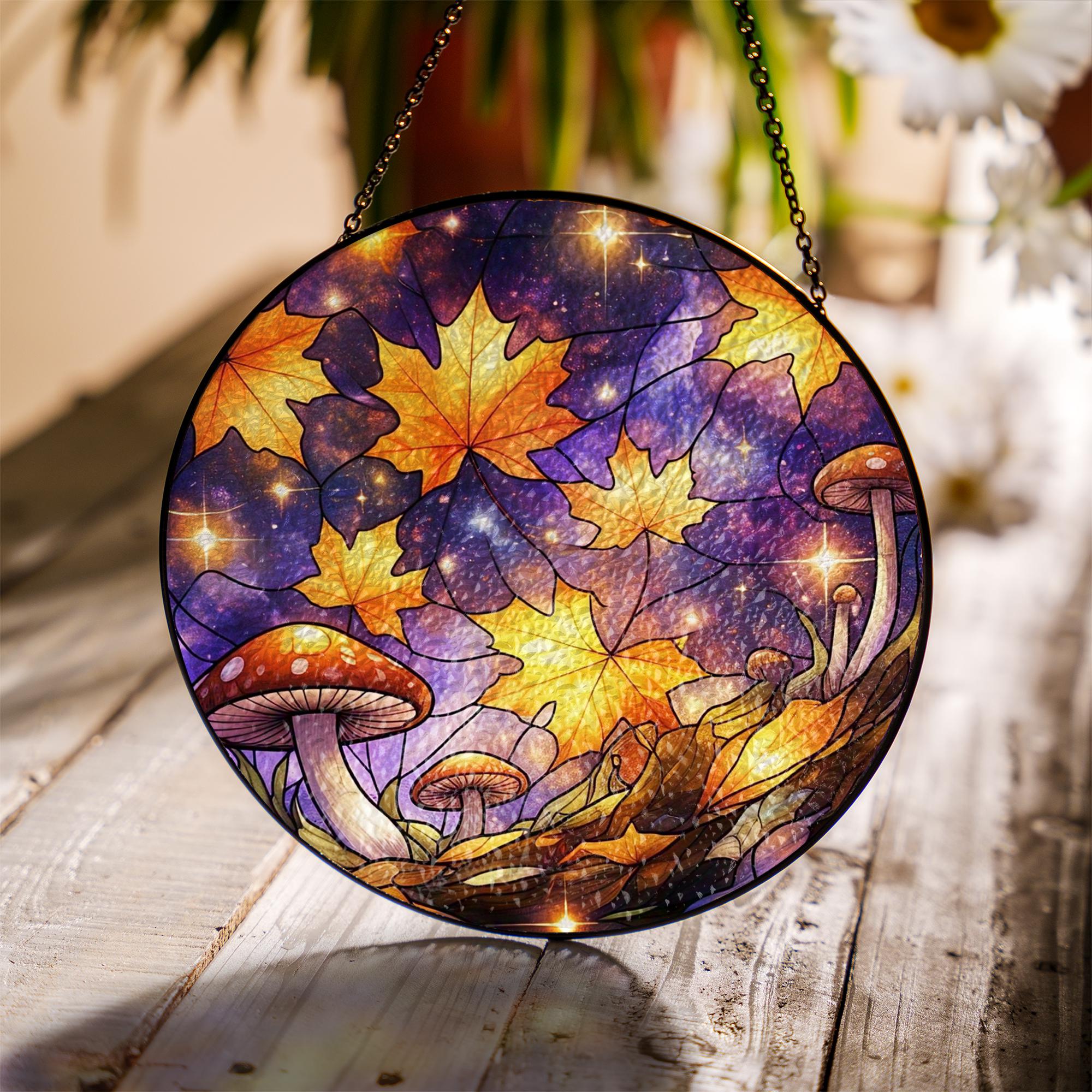 Autumn Galaxy Mushroom Glass Suncatcher – Fall Leaf Window Hanging, Glass Suncatcher Forest Decor, Cosmic Cottagecore Gift for Nature Lovers