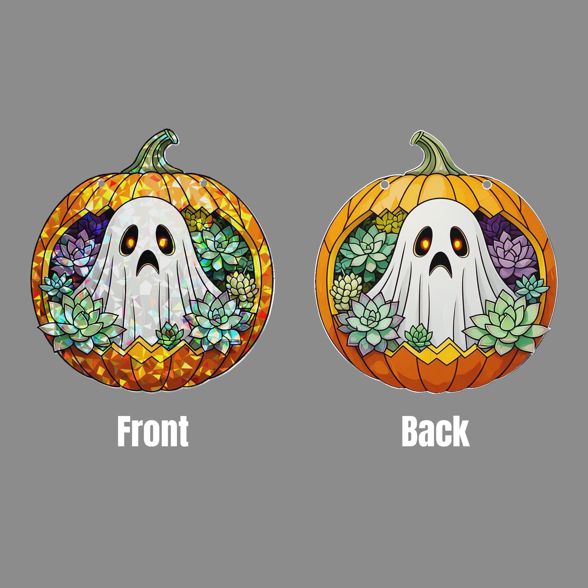 Cute Ghost Pumpkin Acrylic Window Hanging – Fall Halloween Suncatcher, Succulent Autumn Decor, Spooky Season Gift for Home or Office