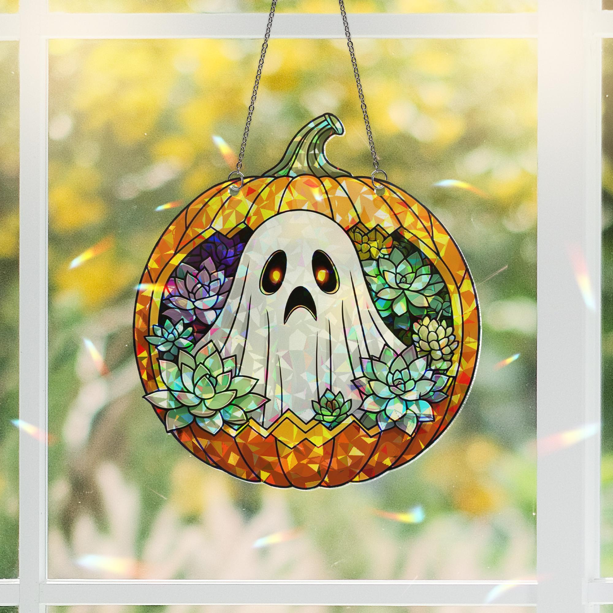 Cute Ghost Pumpkin Acrylic Window Hanging – Fall Halloween Suncatcher, Succulent Autumn Decor, Spooky Season Gift for Home or Office