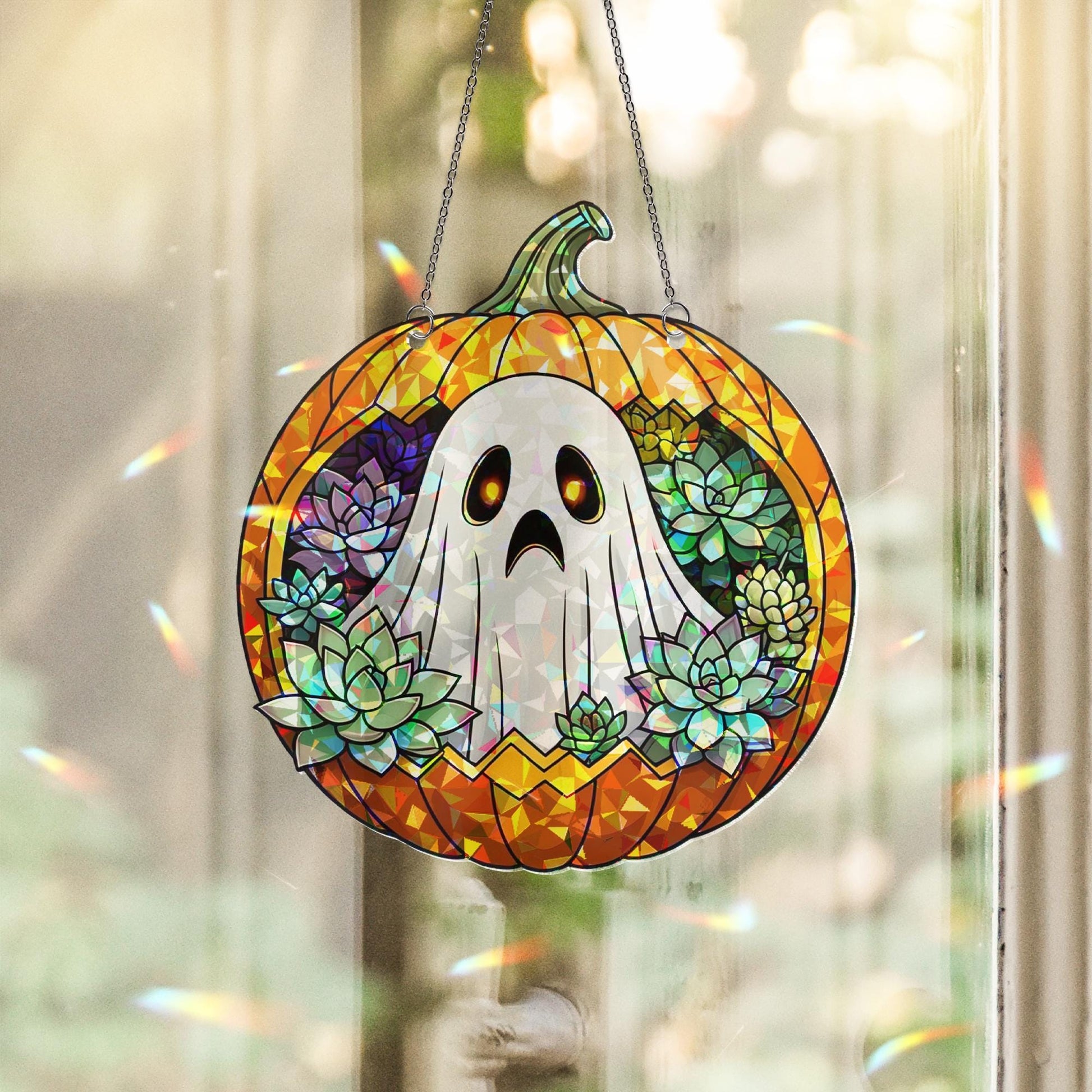 Cute Ghost Pumpkin Acrylic Window Hanging – Fall Halloween Suncatcher, Succulent Autumn Decor, Spooky Season Gift for Home or Office