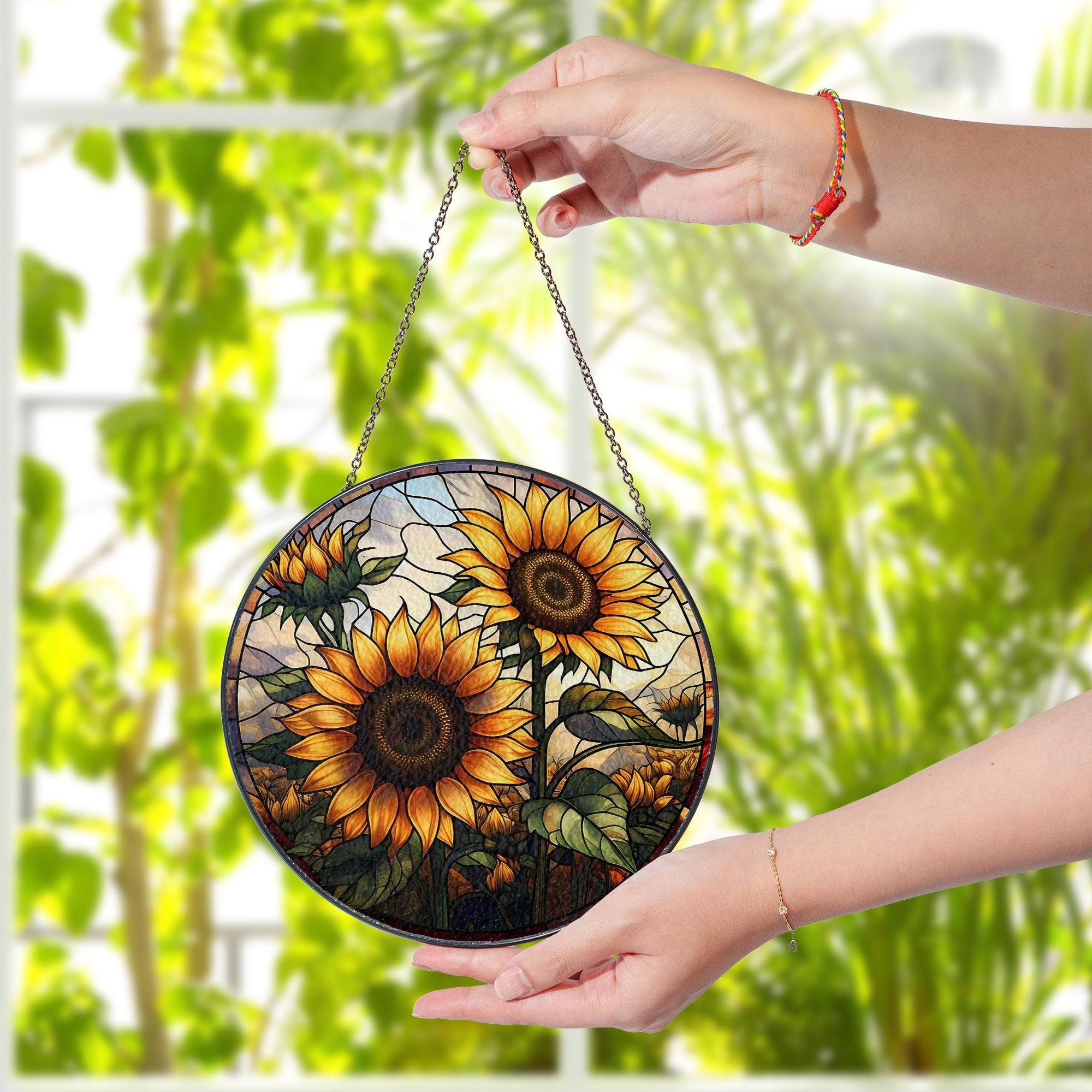 Sunflower Glass Suncatcher for Autumn – Fall Window Hanging Decor, Rustic Farmhouse Sunflower Art, Garden Gift, Bright Seasonal Decoration