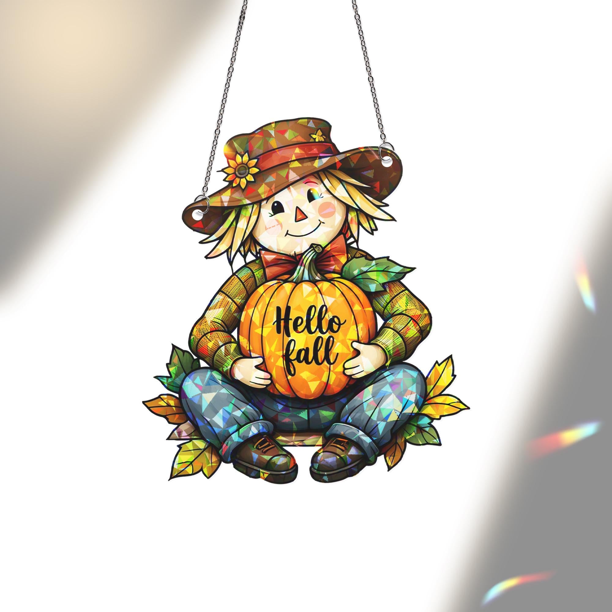 Hello Fall Scarecrow Acrylic Window Hanging – Cute Autumn Decor, Pumpkin Suncatcher, Fall Decoration for Windows, Seasonal Gift Idea