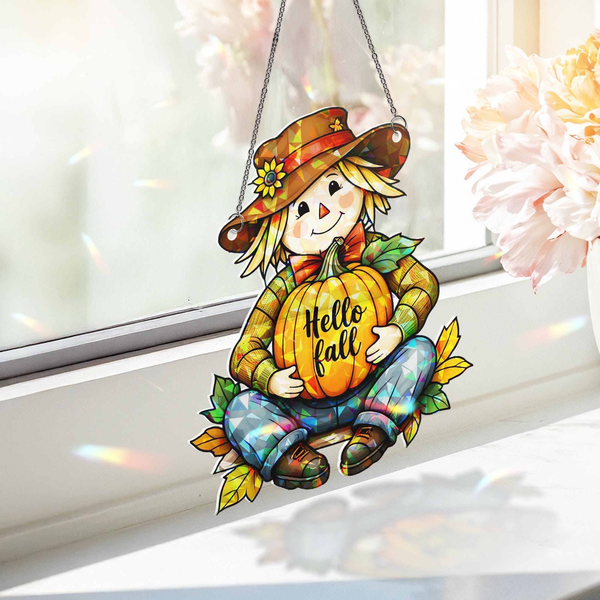 Hello Fall Scarecrow Acrylic Window Hanging – Cute Autumn Decor, Pumpkin Suncatcher, Fall Decoration for Windows, Seasonal Gift Idea