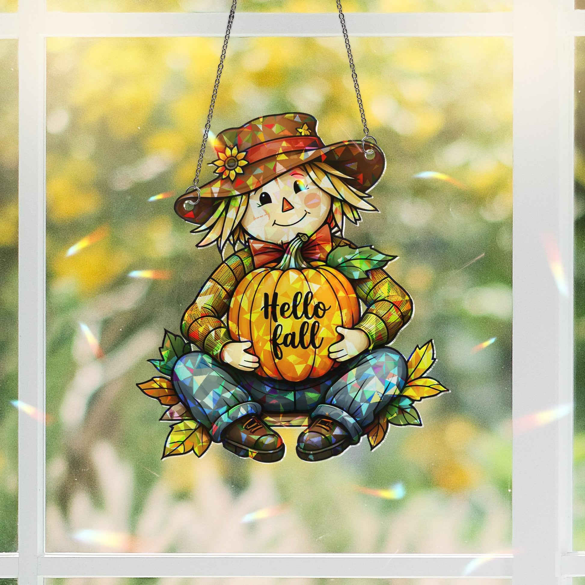 Hello Fall Scarecrow Acrylic Window Hanging – Cute Autumn Decor, Pumpkin Suncatcher, Fall Decoration for Windows, Seasonal Gift Idea