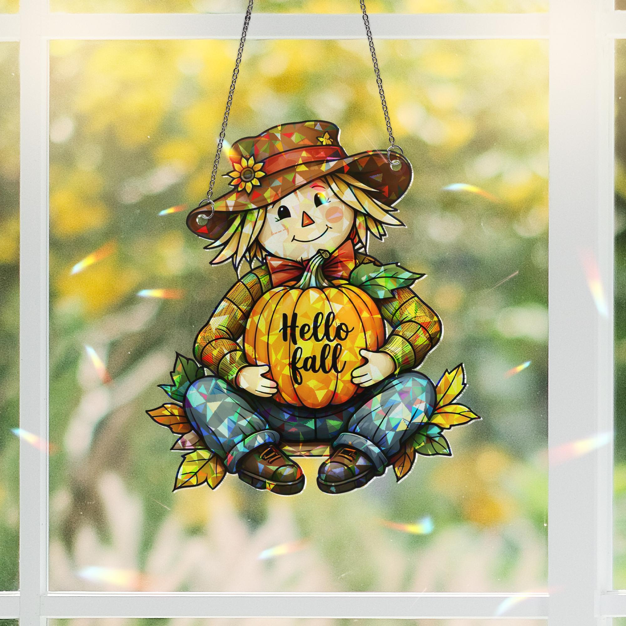 Hello Fall Scarecrow Acrylic Window Hanging – Cute Autumn Decor, Pumpkin Suncatcher, Fall Decoration for Windows, Seasonal Gift Idea