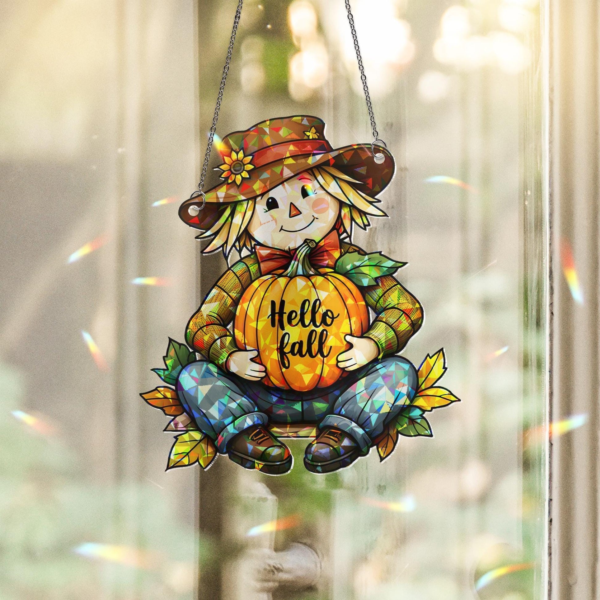 Hello Fall Scarecrow Acrylic Window Hanging – Cute Autumn Decor, Pumpkin Suncatcher, Fall Decoration for Windows, Seasonal Gift Idea