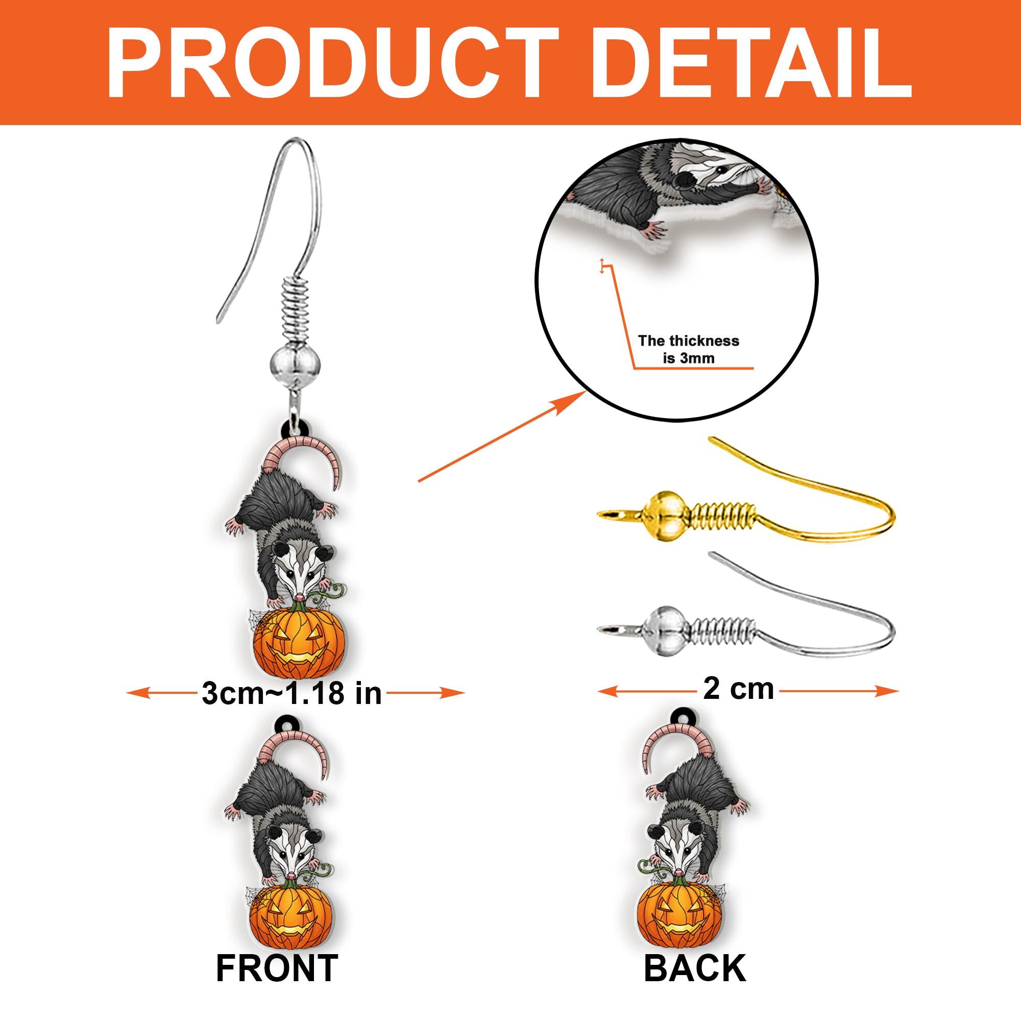 Halloween Opossum Pumpkin Earrings – Cute Spooky Fall Jewelry, Possum Jack-O'-Lantern Earrings for Halloween Lovers and Animal Fans