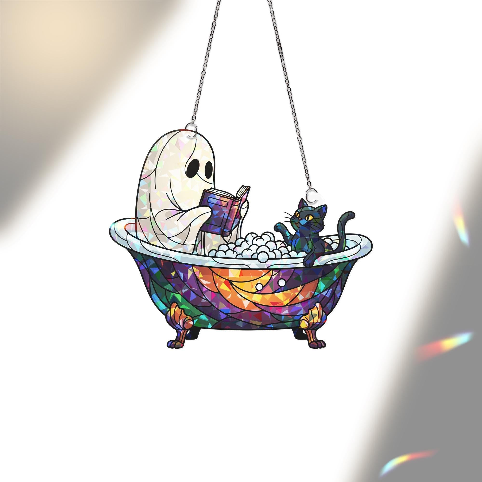 Ghost and Cat Bathtub Hologram Window Hanging – Spooky Cute Halloween Decor, Faux Stained Glass Suncatcher, Gothic Bathroom Art