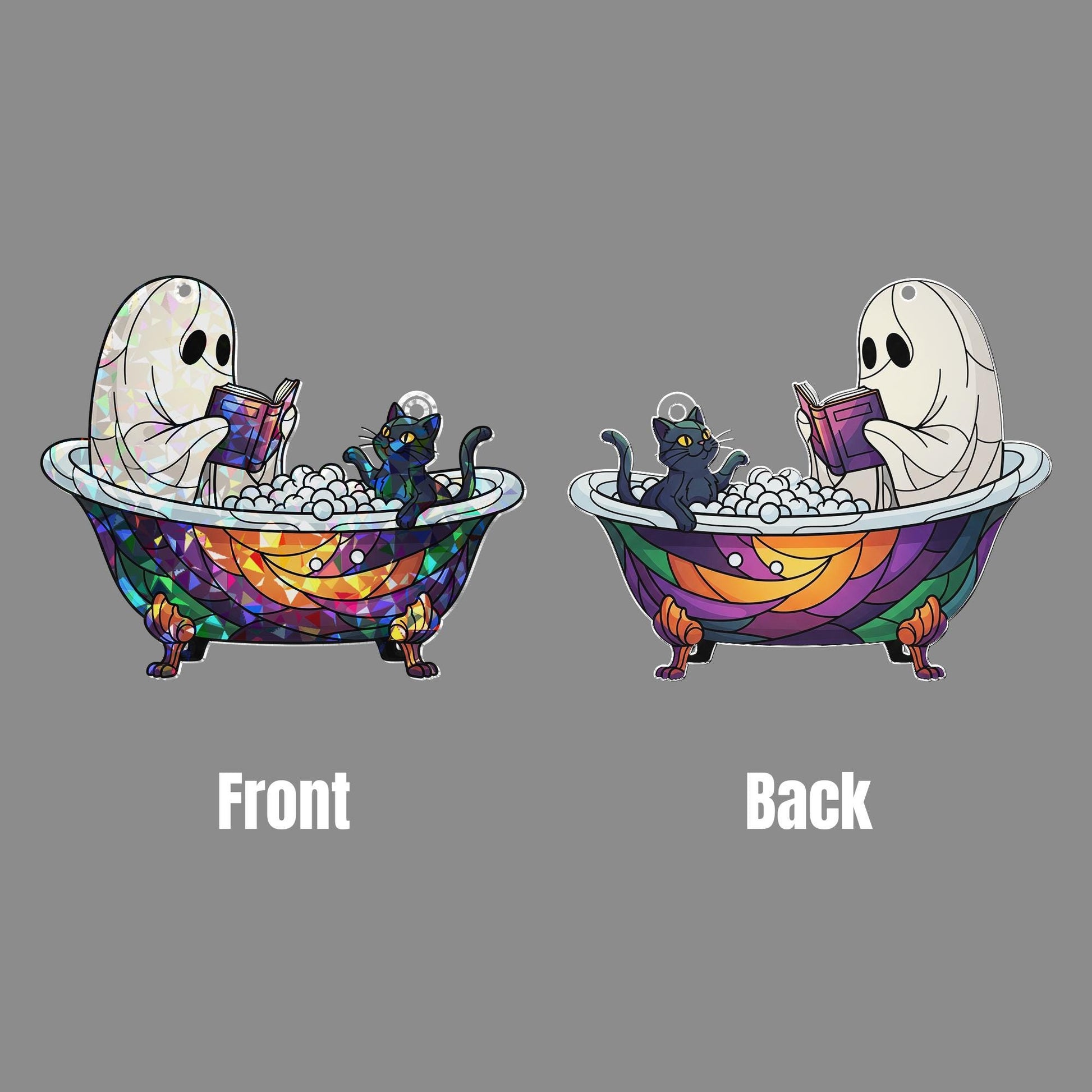 Ghost and Cat Bathtub Hologram Window Hanging – Spooky Cute Halloween Decor, Faux Stained Glass Suncatcher, Gothic Bathroom Art