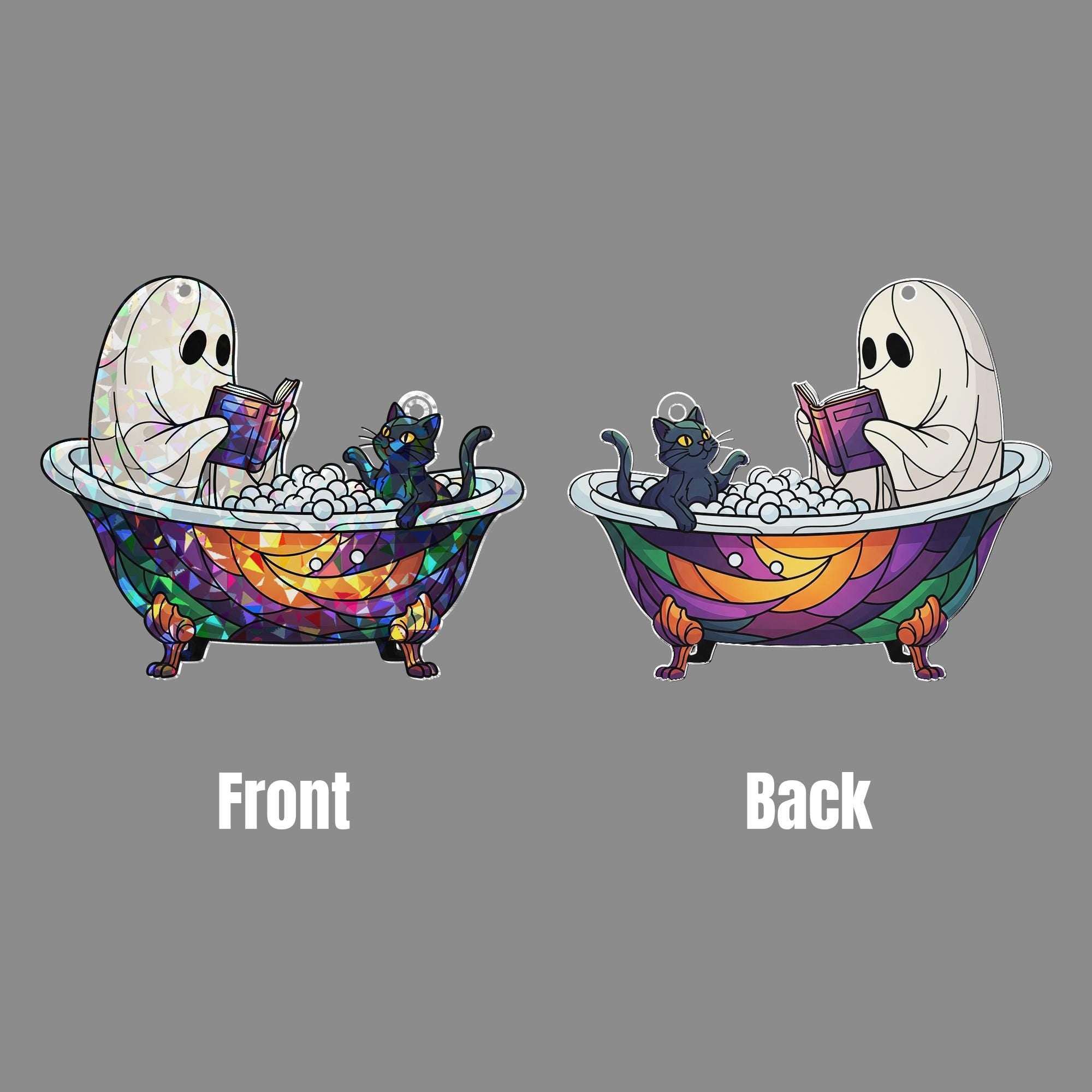 Ghost and Cat Bathtub Hologram Window Hanging – Spooky Cute Halloween Decor, Faux Stained Glass Suncatcher, Gothic Bathroom Art