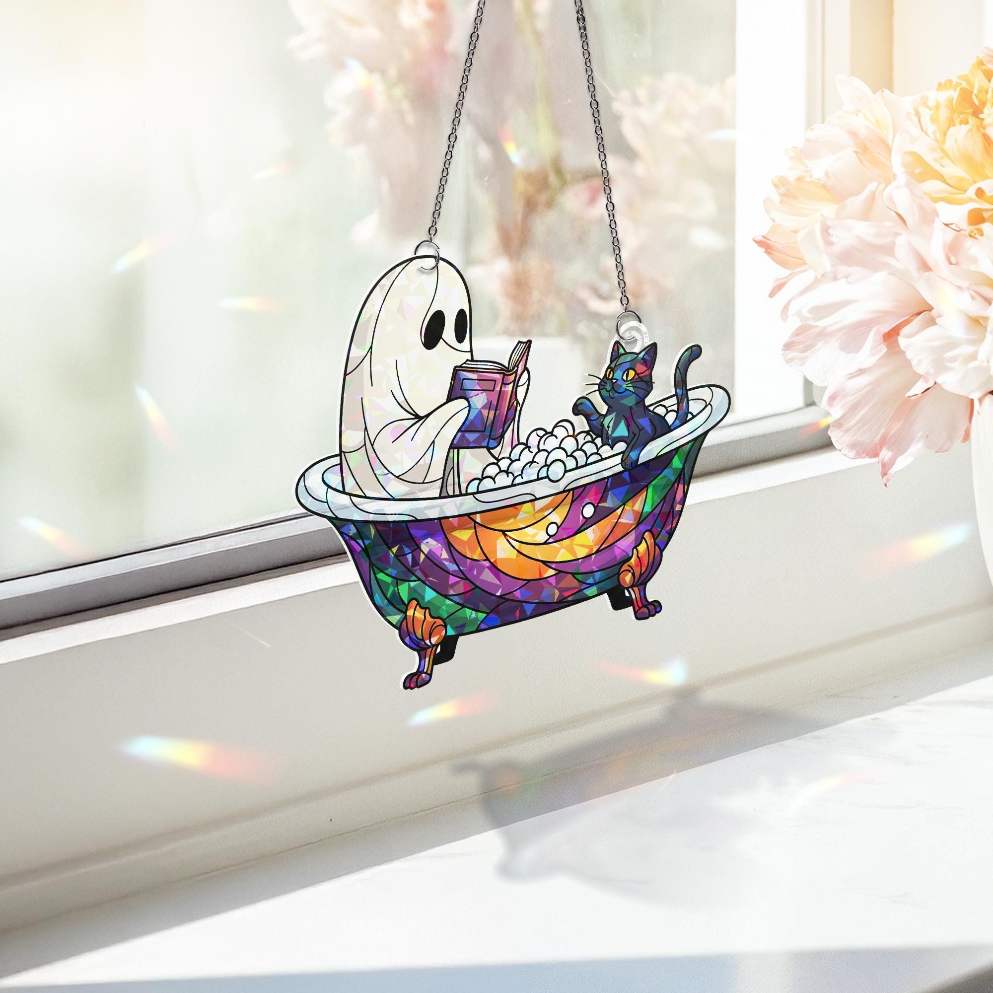 Ghost and Cat Bathtub Hologram Window Hanging – Spooky Cute Halloween Decor, Faux Stained Glass Suncatcher, Gothic Bathroom Art