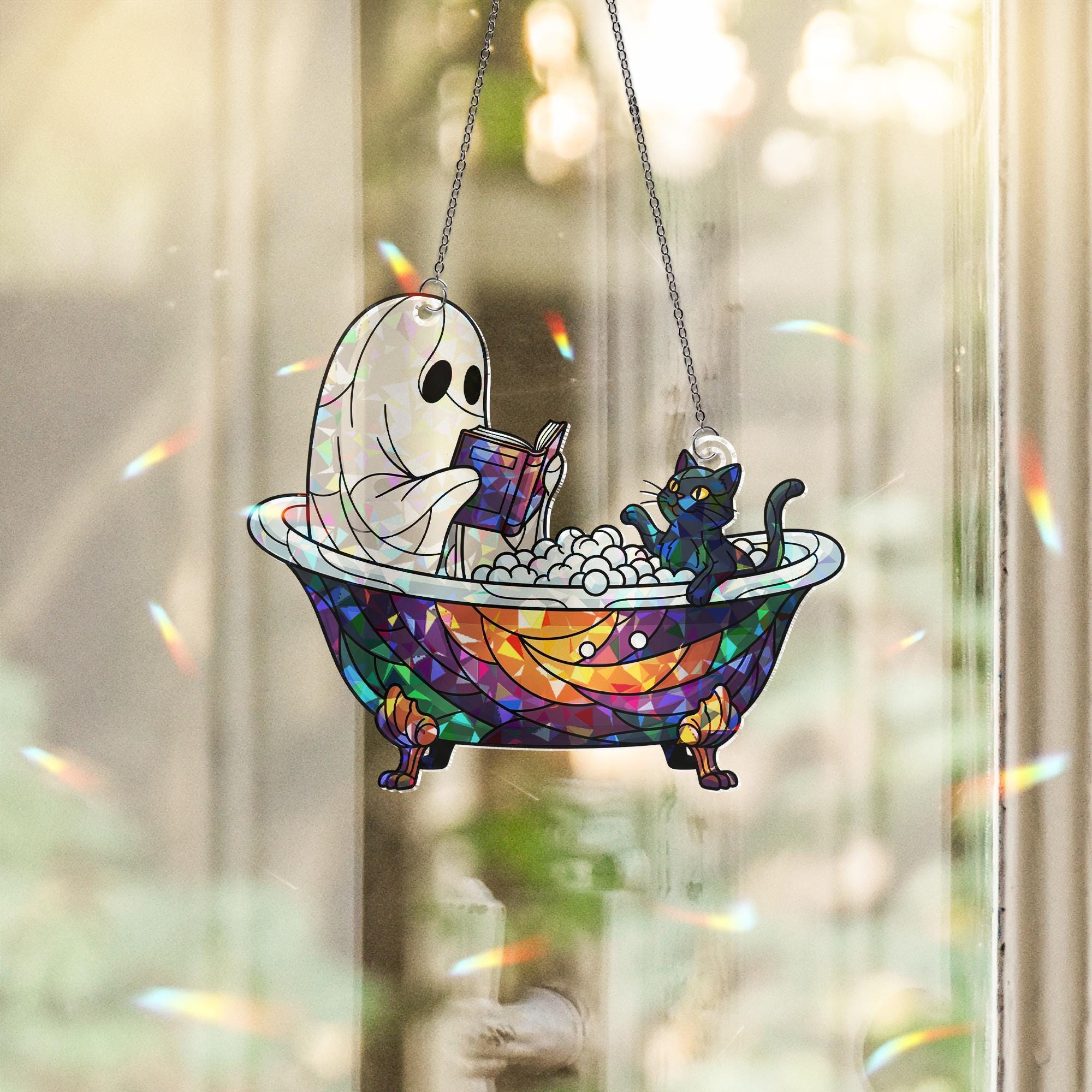 Ghost and Cat Bathtub Hologram Window Hanging – Spooky Cute Halloween Decor, Faux Stained Glass Suncatcher, Gothic Bathroom Art