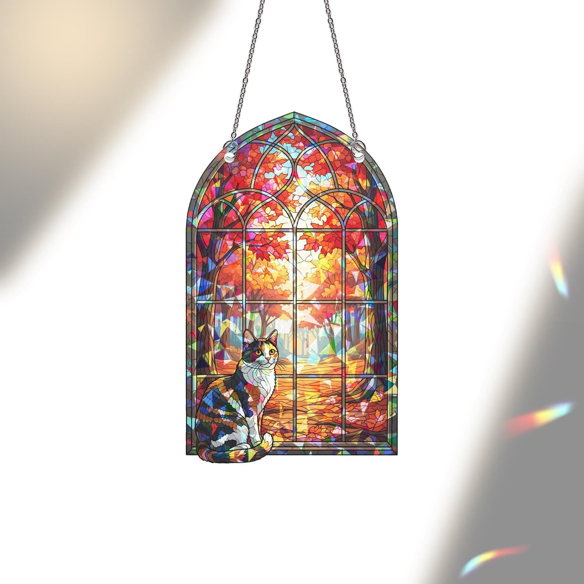 Cat Autumn Window Faux Stained Glass Ornament – Hologram Suncatcher for Fall Decor, Cozy Calico Pet Lover Gift, Broken Glass Effect