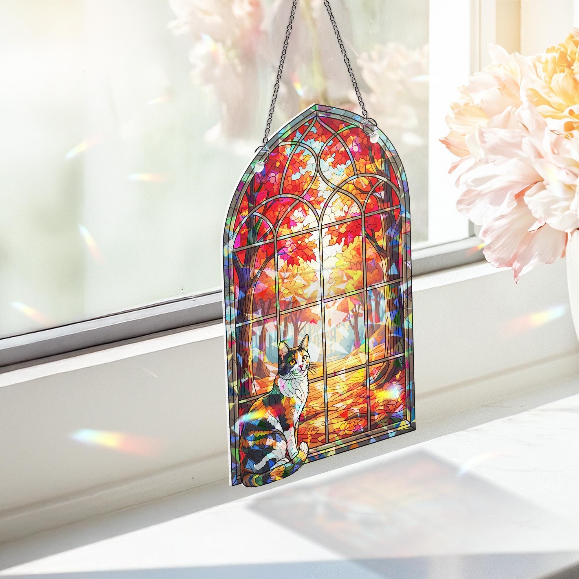 Cat Autumn Window Faux Stained Glass Ornament – Hologram Suncatcher for Fall Decor, Cozy Calico Pet Lover Gift, Broken Glass Effect