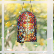 Cat Autumn Window Faux Stained Glass Ornament – Hologram Suncatcher for Fall Decor, Cozy Calico Pet Lover Gift, Broken Glass Effect