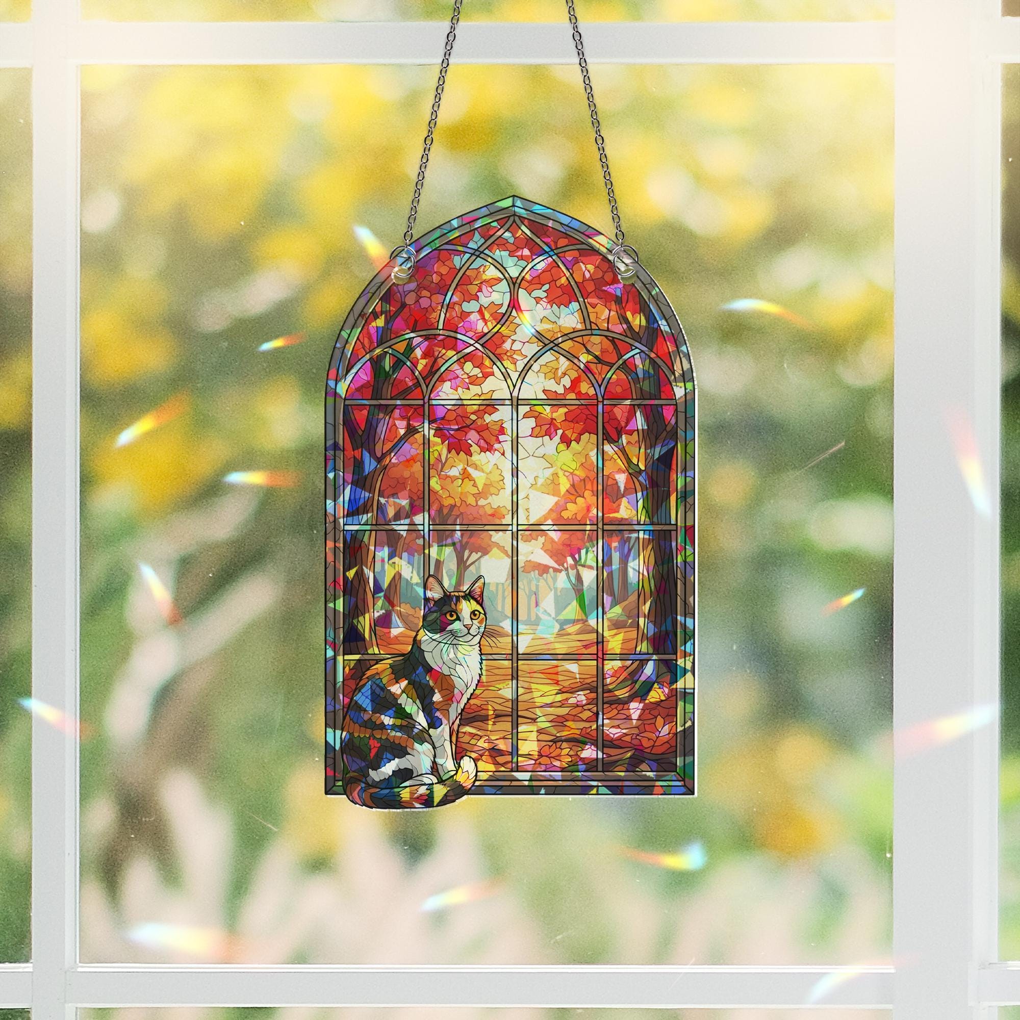 Cat Autumn Window Faux Stained Glass Ornament – Hologram Suncatcher for Fall Decor, Cozy Calico Pet Lover Gift, Broken Glass Effect
