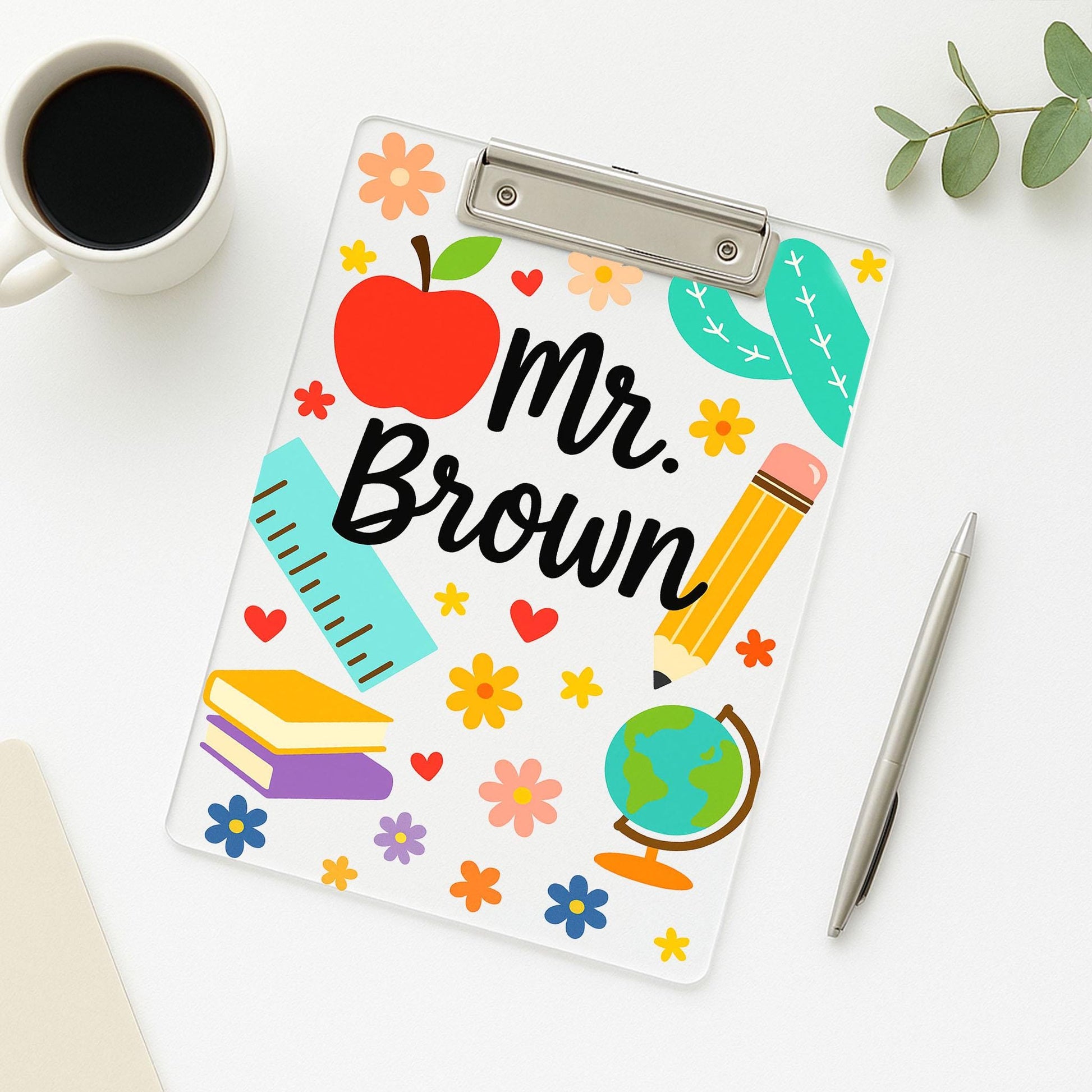 Personalized Teacher Clipboard Acrylic - Cute Custom Name Gift for Teachers, Back to School, Classroom Decor with Apple & Pencil Design