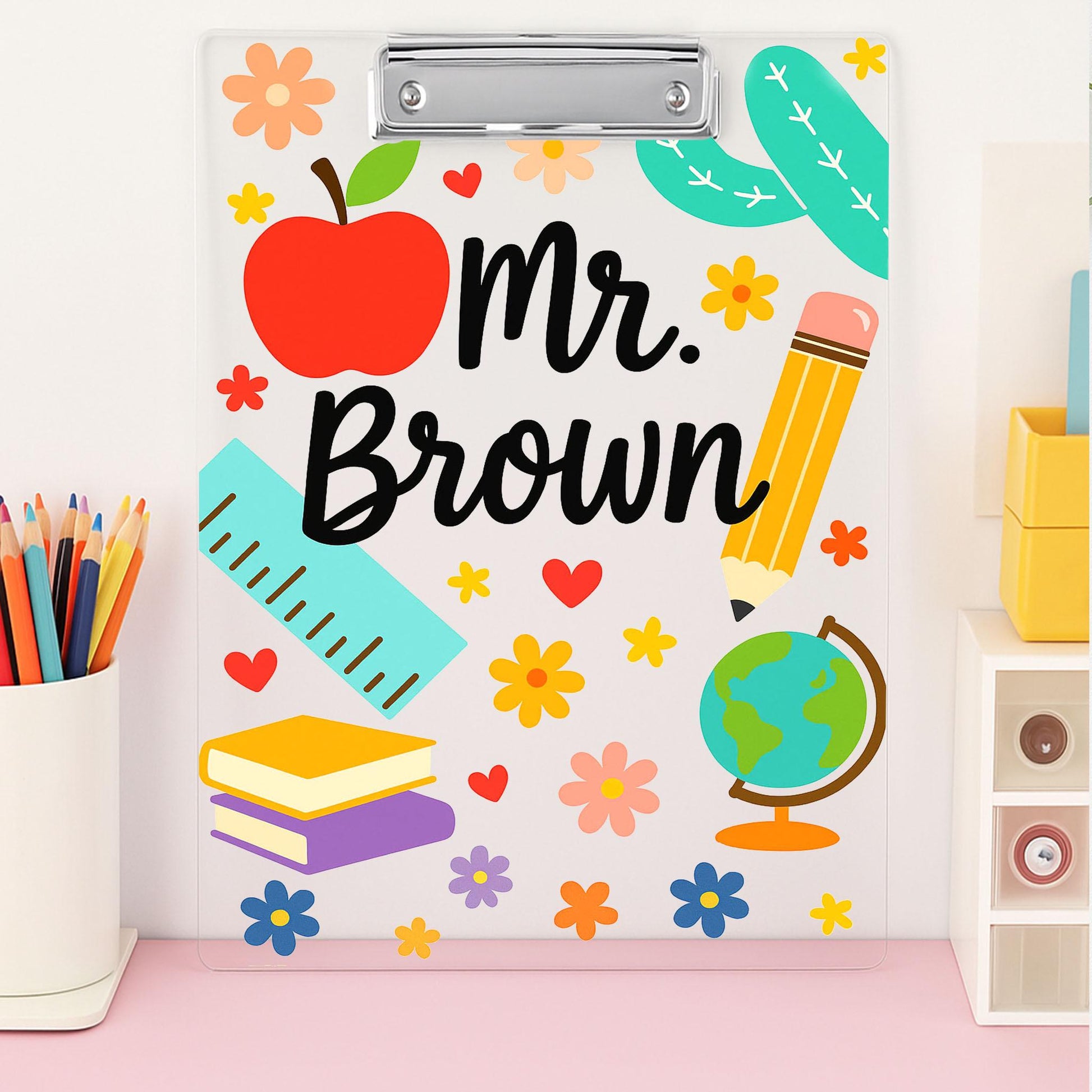 Personalized Teacher Clipboard Acrylic - Cute Custom Name Gift for Teachers, Back to School, Classroom Decor with Apple & Pencil Design