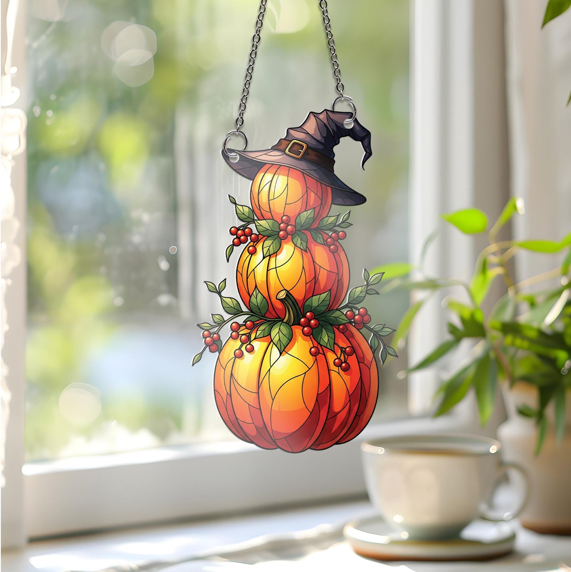 Faux Stained Glass Pumpkin Window Hanging – Fall Autumn Decor with Witch Hat and Berries, Halloween Suncatcher for Cozy Home Vibes