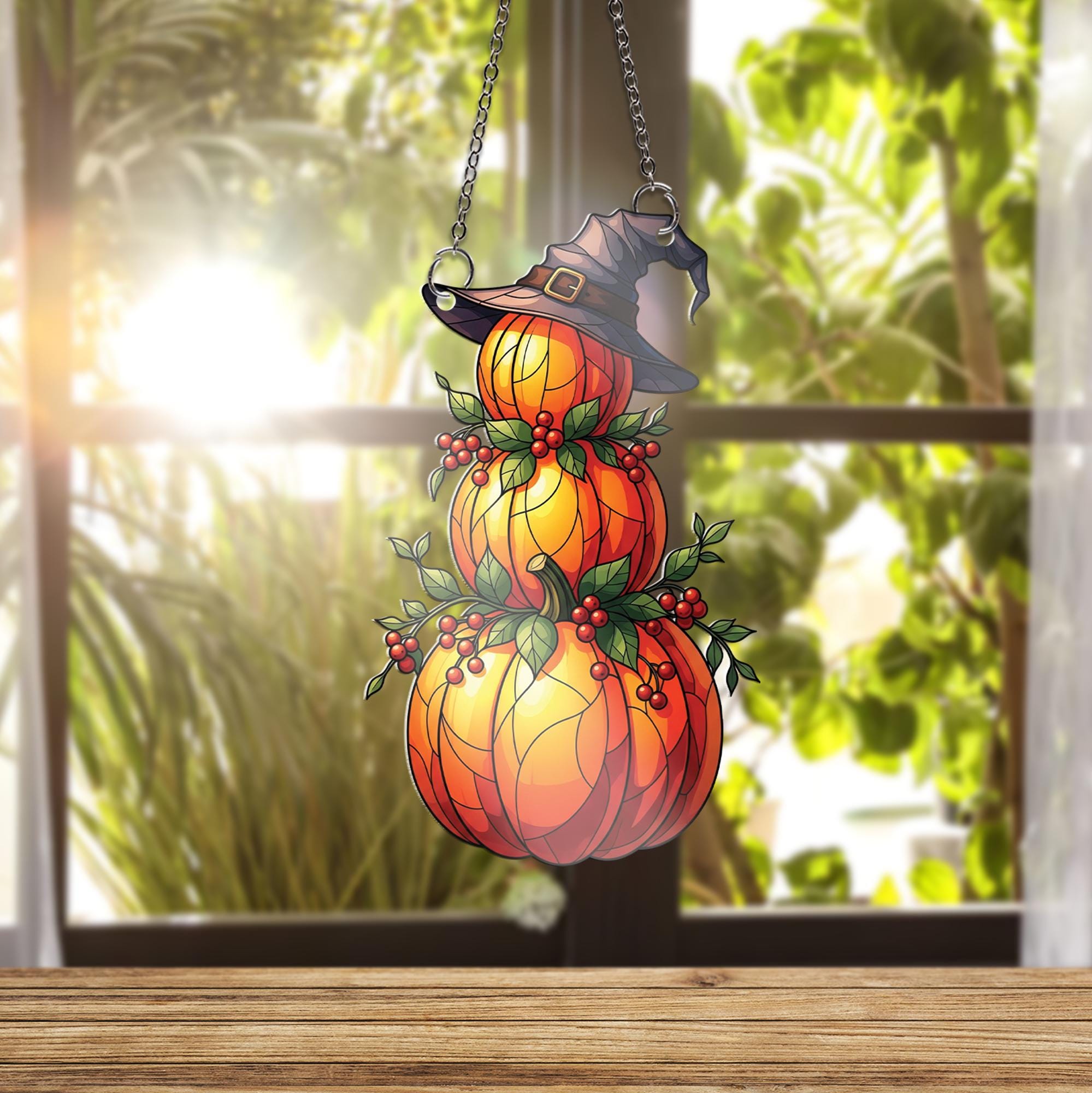 Faux Stained Glass Pumpkin Window Hanging – Fall Autumn Decor with Witch Hat and Berries, Halloween Suncatcher for Cozy Home Vibes