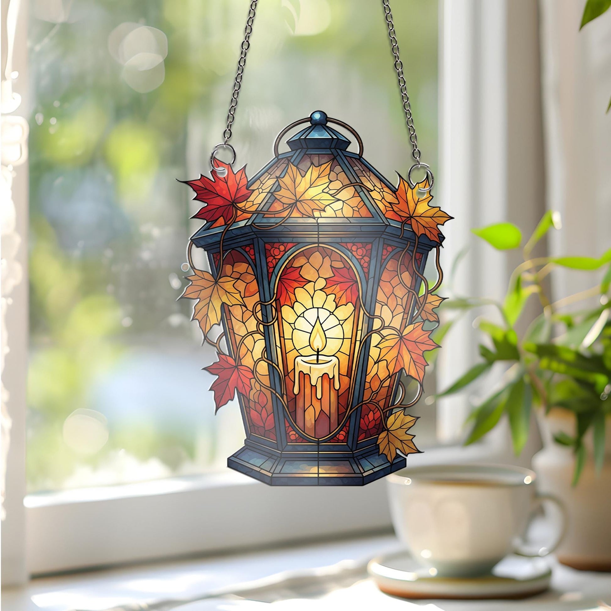 Faux Stained Glass Fall Lantern Window Hanging – Autumn Candle Suncatcher with Maple Leaves, Cozy Thanksgiving Window Decor
