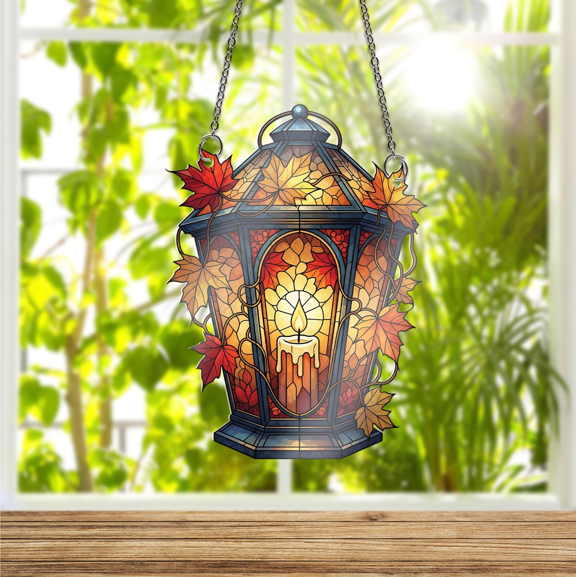 Faux Stained Glass Fall Lantern Window Hanging – Autumn Candle Suncatcher with Maple Leaves, Cozy Thanksgiving Window Decor