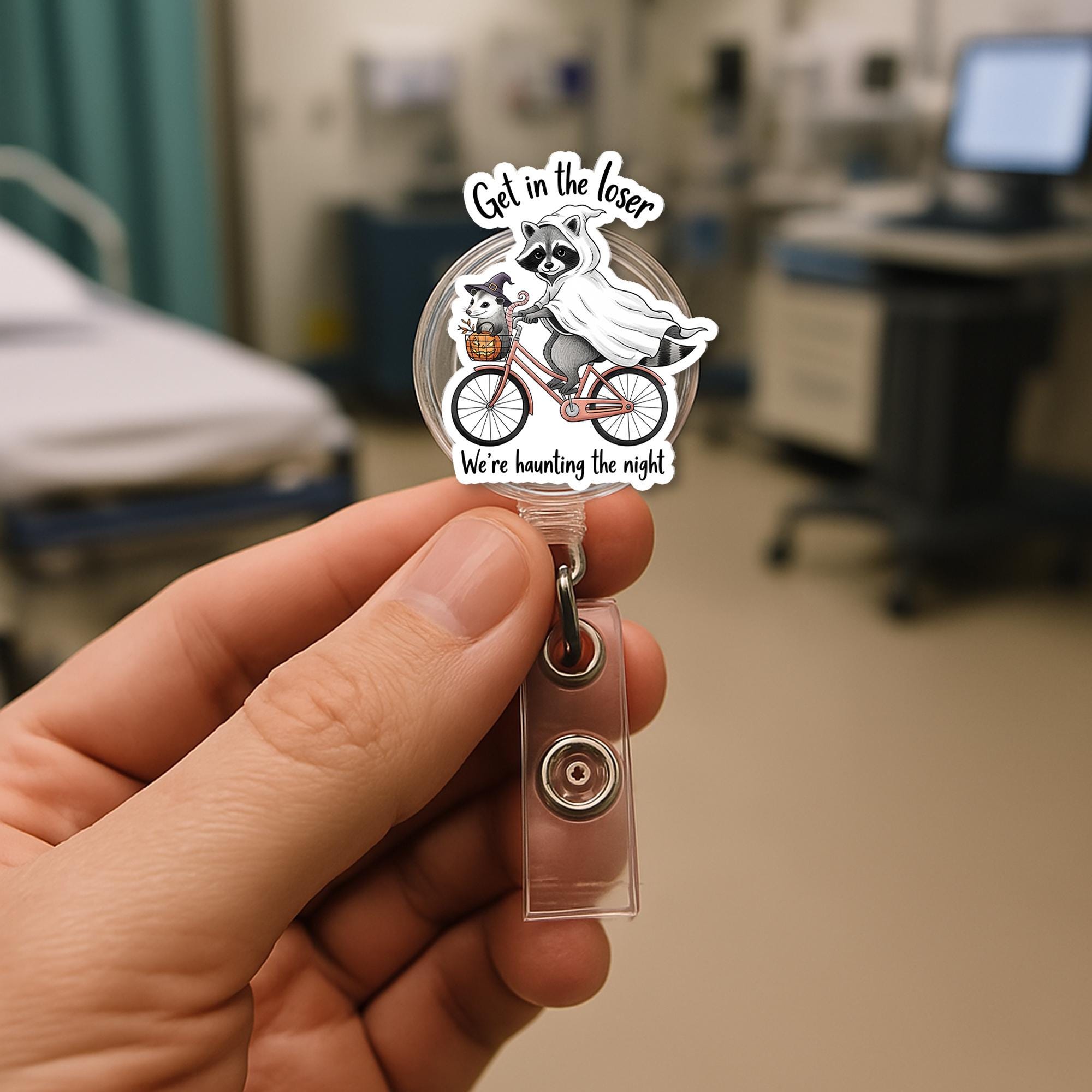 Ghost Raccoon Badge Reel – Cute Halloween ID Holder – Funny Spooky Retractable Name Tag – Fall Nurse Gift – Trick or Treat Accessory