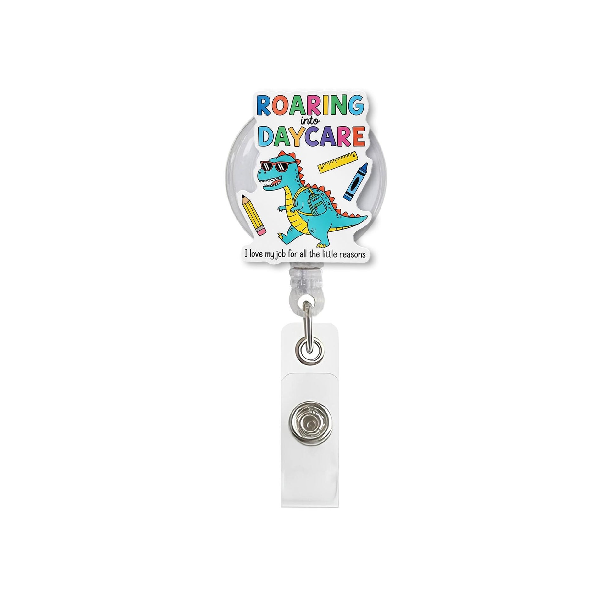 Roaring Into Daycare Badge Reel, Cute Dino ID Holder, Pre-K Teacher Gift, Preschool Lanyard, Fun Retractable Name Tag Clip