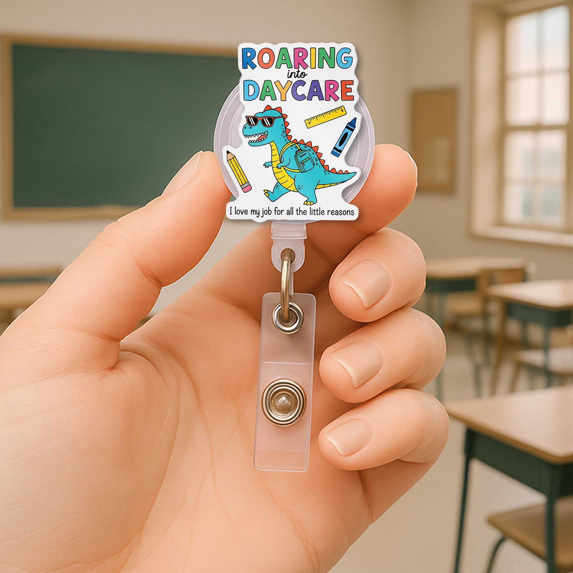 Roaring Into Daycare Badge Reel, Cute Dino ID Holder, Pre-K Teacher Gift, Preschool Lanyard, Fun Retractable Name Tag Clip