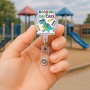 Roaring Into Daycare Badge Reel, Cute Dino ID Holder, Pre-K Teacher Gift, Preschool Lanyard, Fun Retractable Name Tag Clip