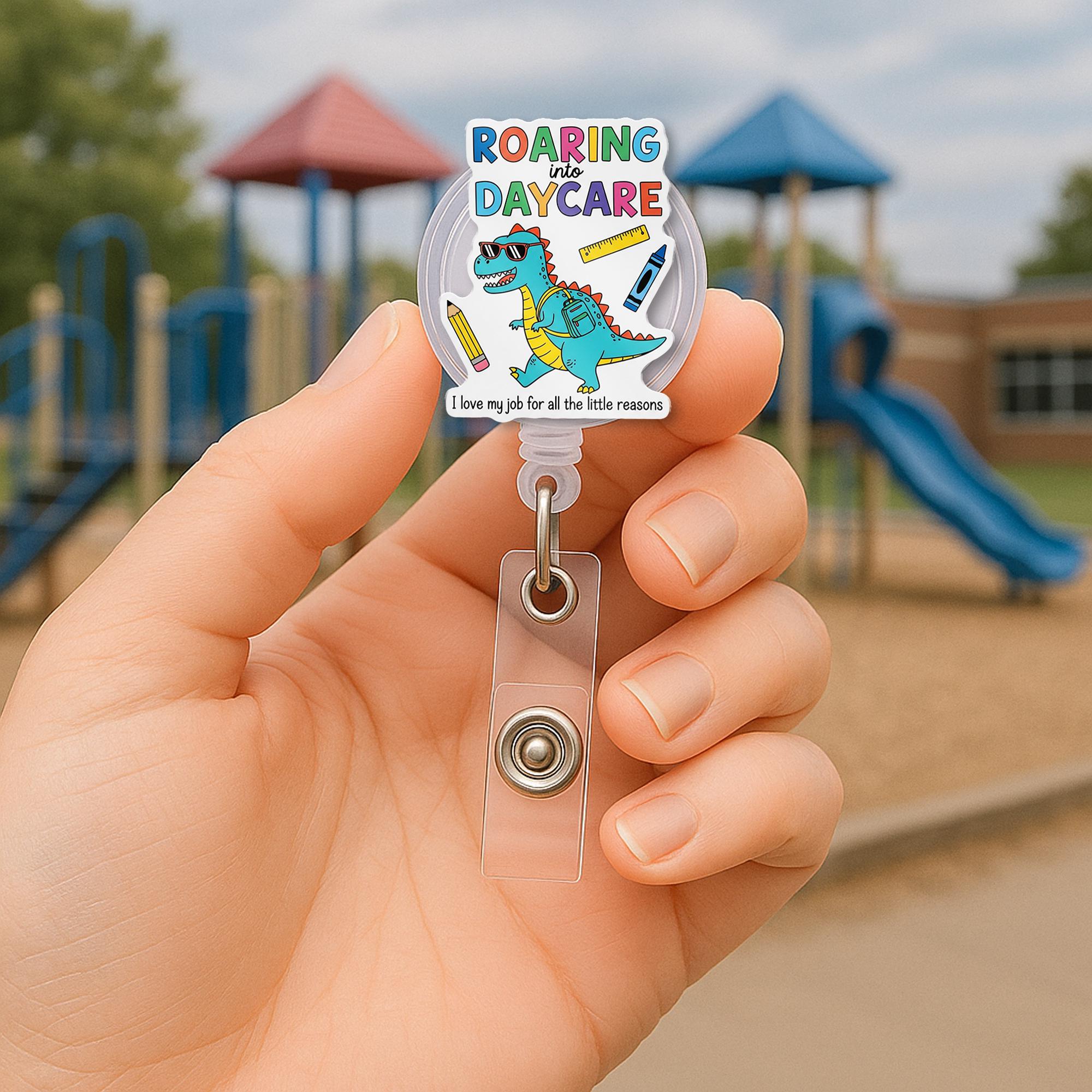 Roaring Into Daycare Badge Reel, Cute Dino ID Holder, Pre-K Teacher Gift, Preschool Lanyard, Fun Retractable Name Tag Clip