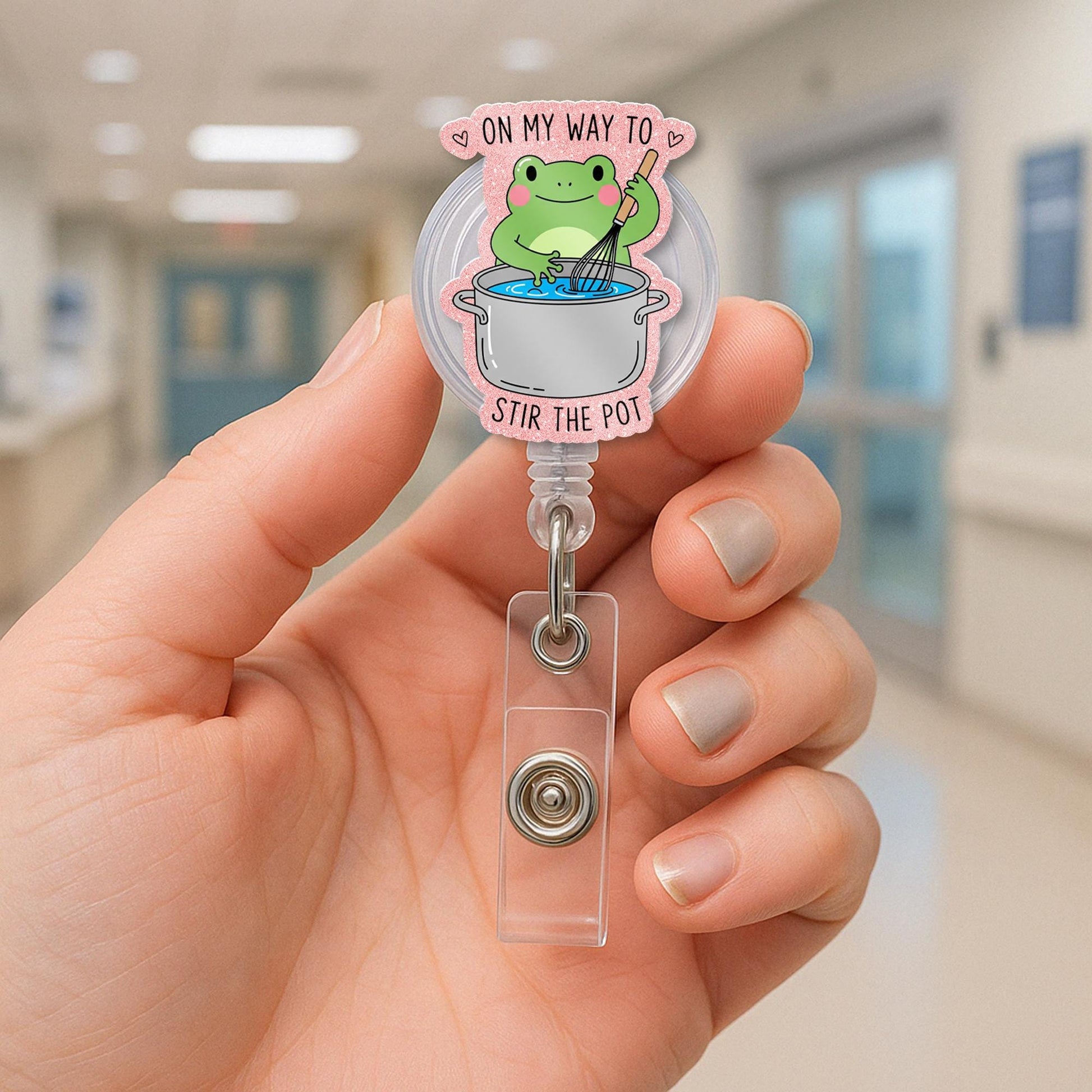 Funny Frog Badge Reel, On My Way to Stir the Pot, Cute ID Holder, Nurse Badge Clip, Office Humor Gift, Retractable Name Tag