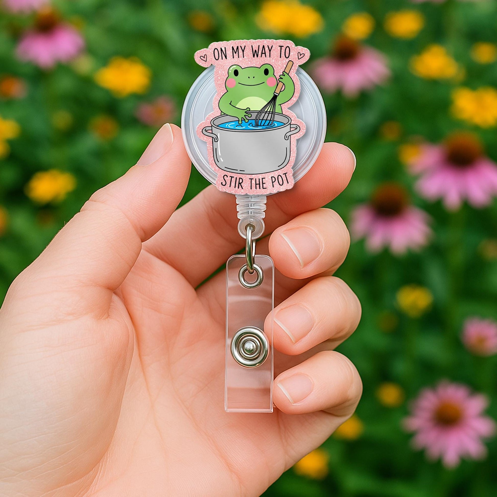 Funny Frog Badge Reel, On My Way to Stir the Pot, Cute ID Holder, Nurse Badge Clip, Office Humor Gift, Retractable Name Tag