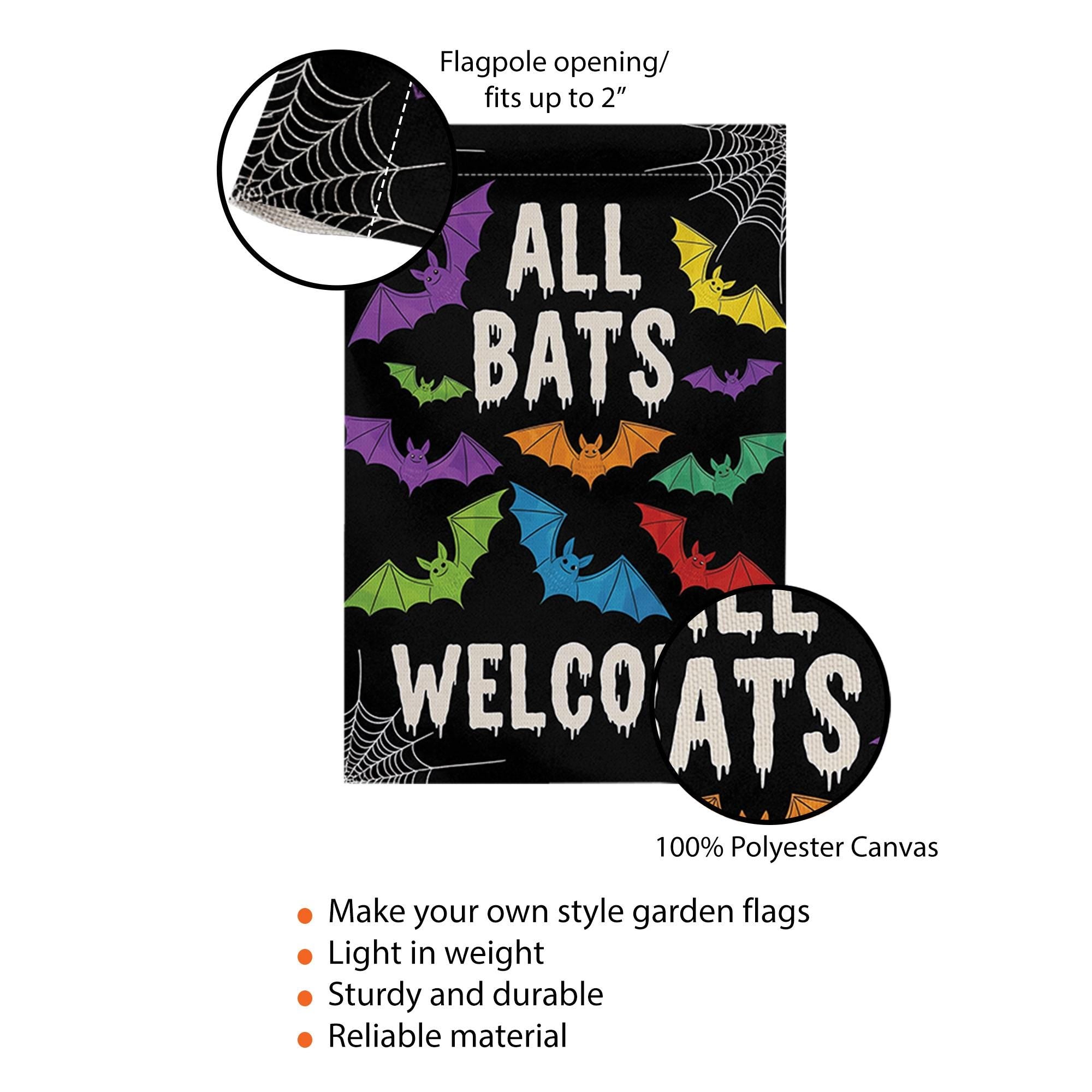 All Bats Welcome Garden Flag, Halloween Yard Decor, Cute Spooky Outdoor Sign, Colorful Bat Flag, Funny Fall Porch Decoration
