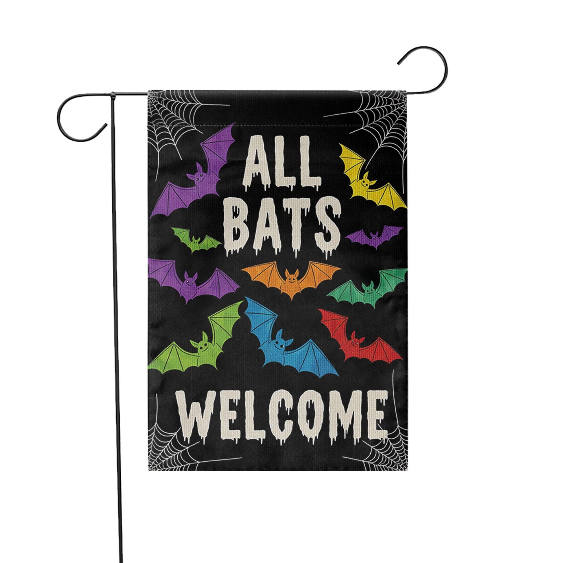 All Bats Welcome Garden Flag, Halloween Yard Decor, Cute Spooky Outdoor Sign, Colorful Bat Flag, Funny Fall Porch Decoration