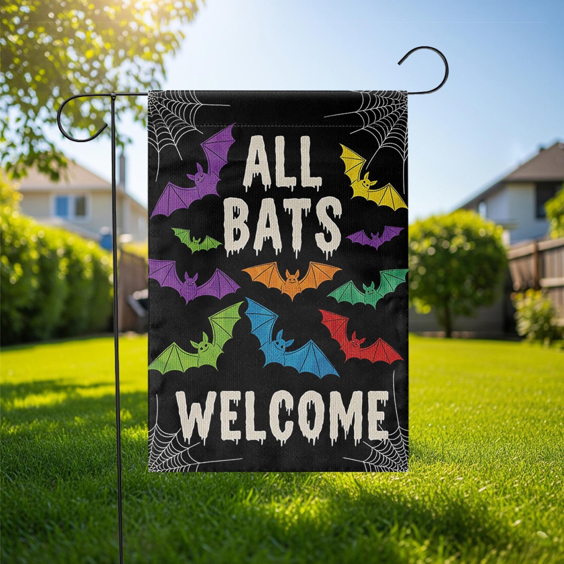 All Bats Welcome Garden Flag, Halloween Yard Decor, Cute Spooky Outdoor Sign, Colorful Bat Flag, Funny Fall Porch Decoration