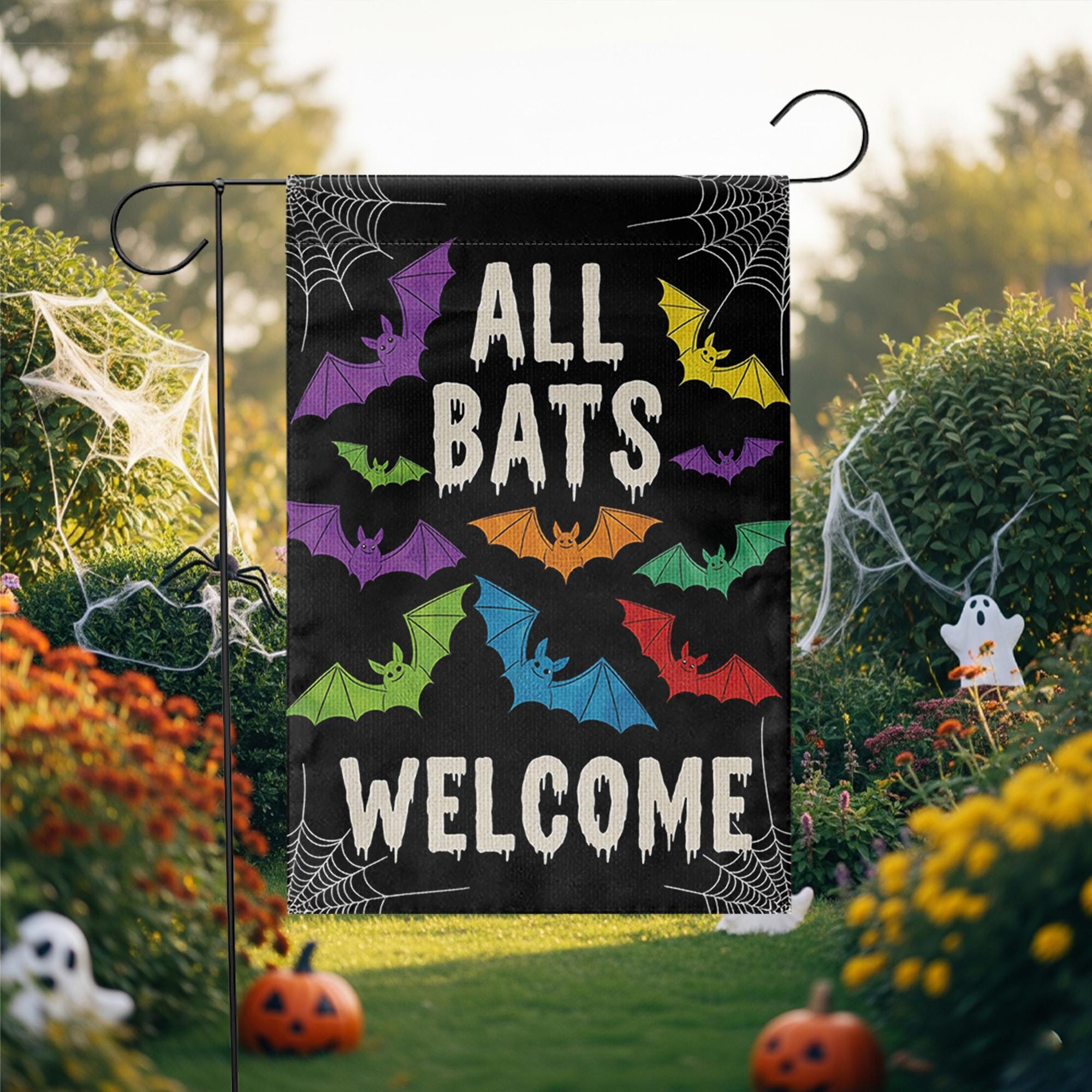 All Bats Welcome Garden Flag, Halloween Yard Decor, Cute Spooky Outdoor Sign, Colorful Bat Flag, Funny Fall Porch Decoration
