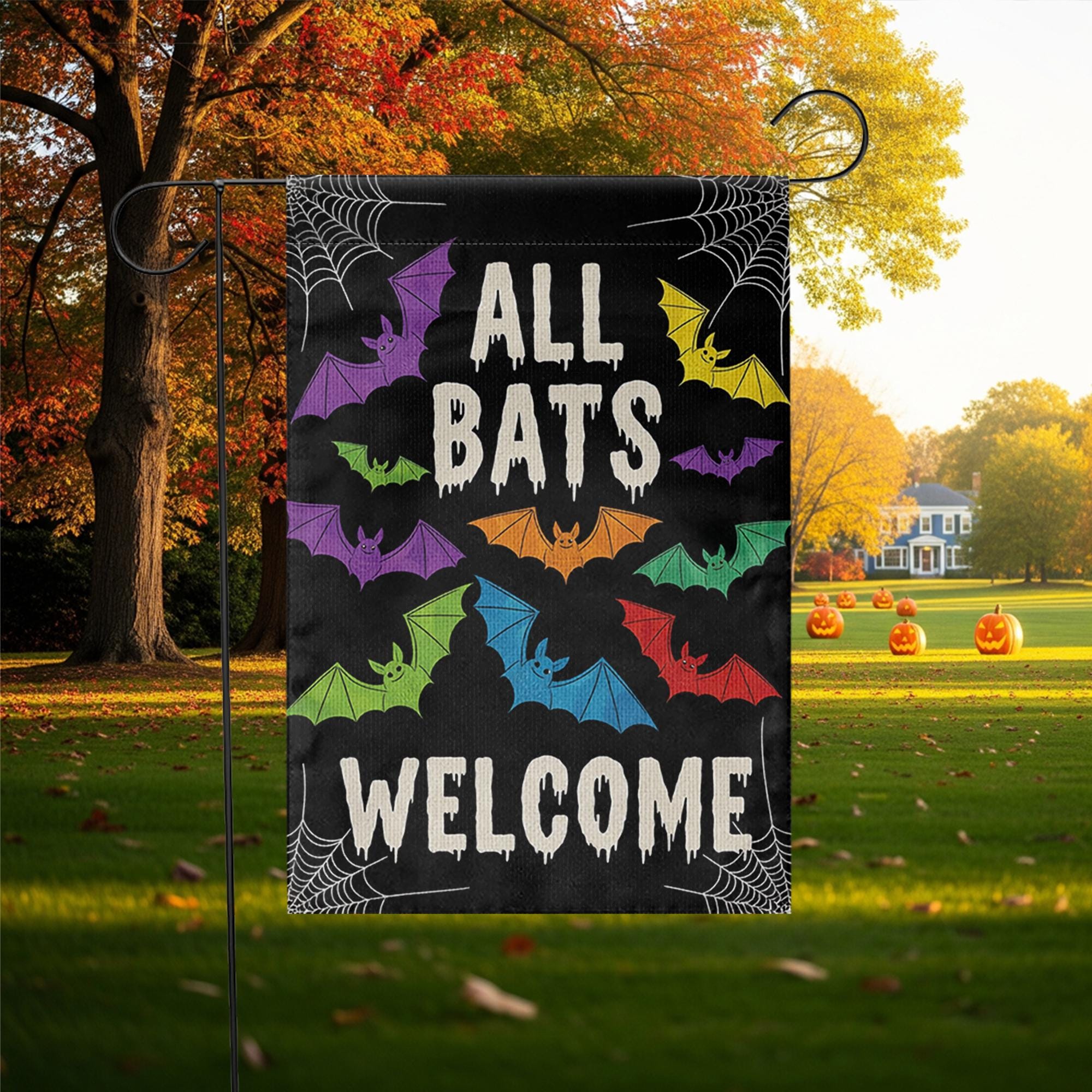 All Bats Welcome Garden Flag, Halloween Yard Decor, Cute Spooky Outdoor Sign, Colorful Bat Flag, Funny Fall Porch Decoration