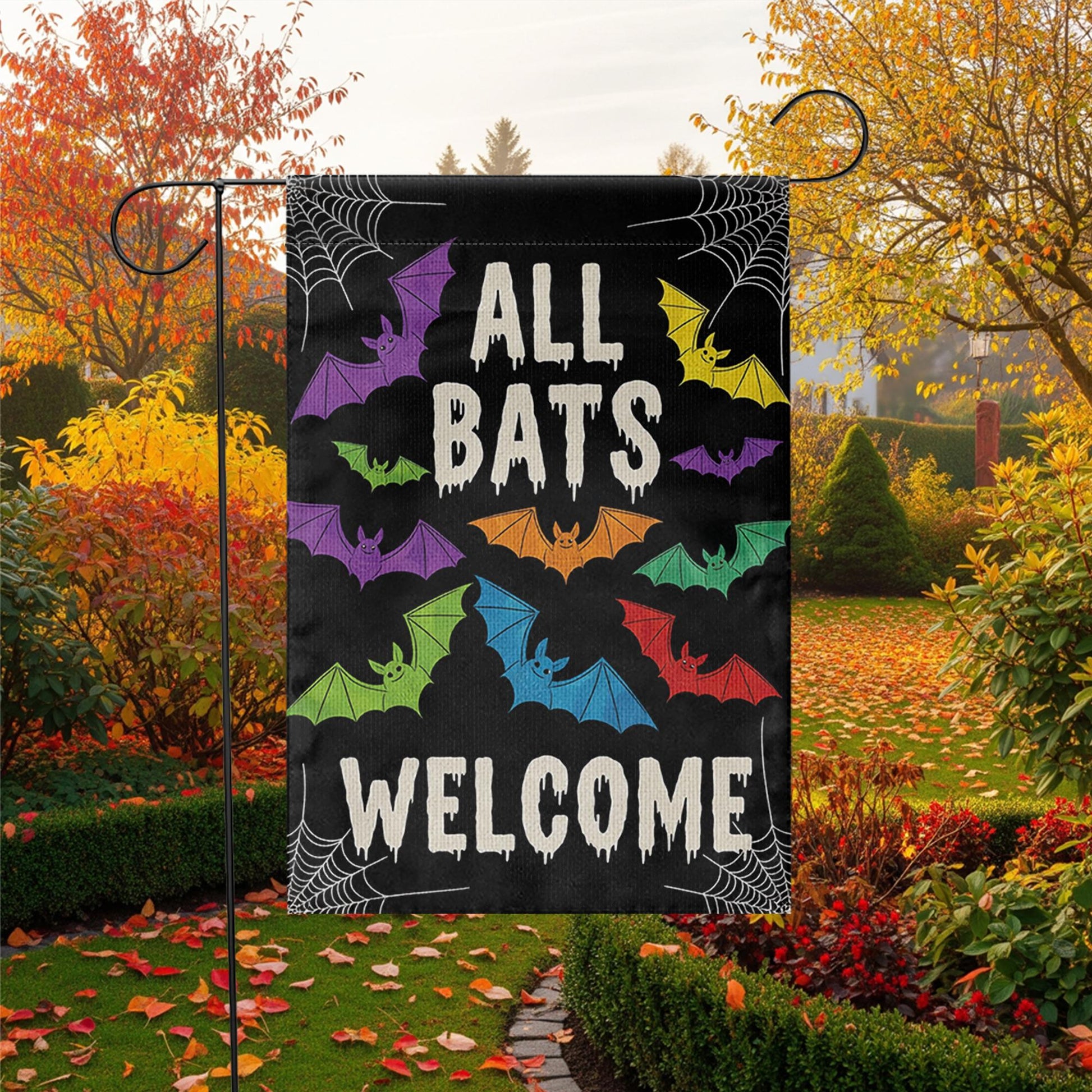 All Bats Welcome Garden Flag, Halloween Yard Decor, Cute Spooky Outdoor Sign, Colorful Bat Flag, Funny Fall Porch Decoration