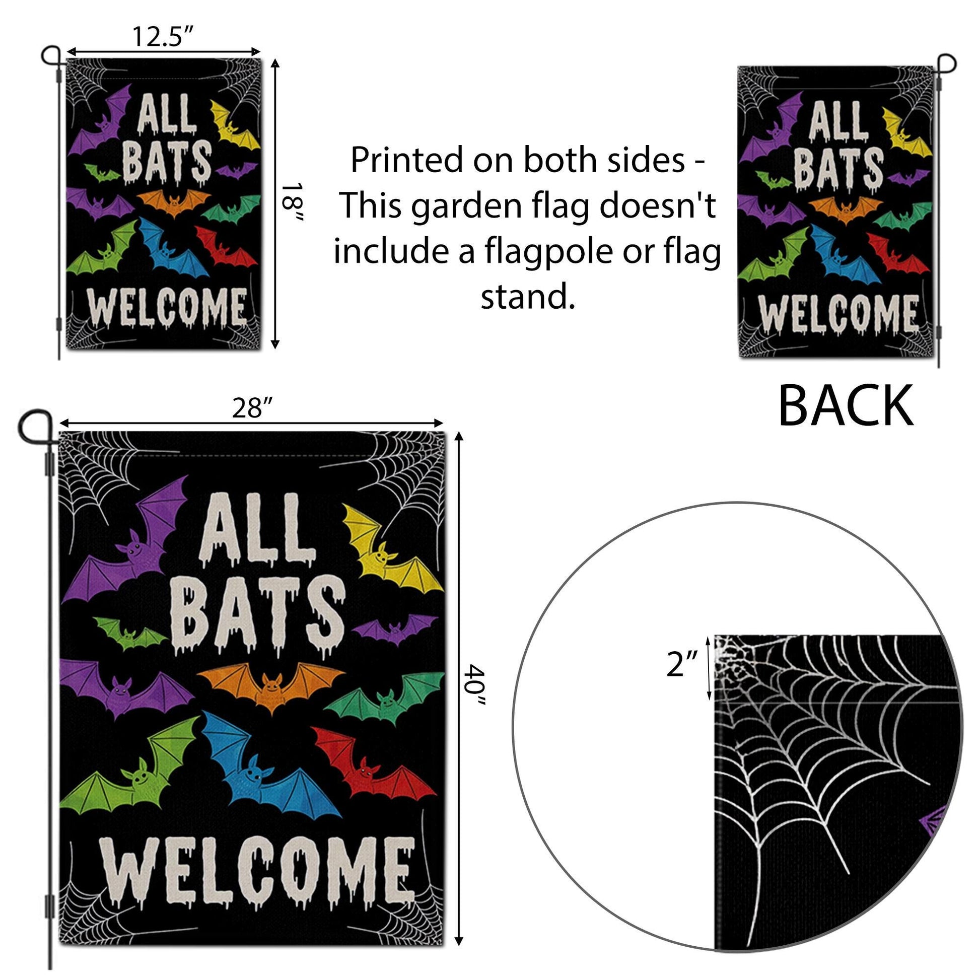 All Bats Welcome Garden Flag, Halloween Yard Decor, Cute Spooky Outdoor Sign, Colorful Bat Flag, Funny Fall Porch Decoration